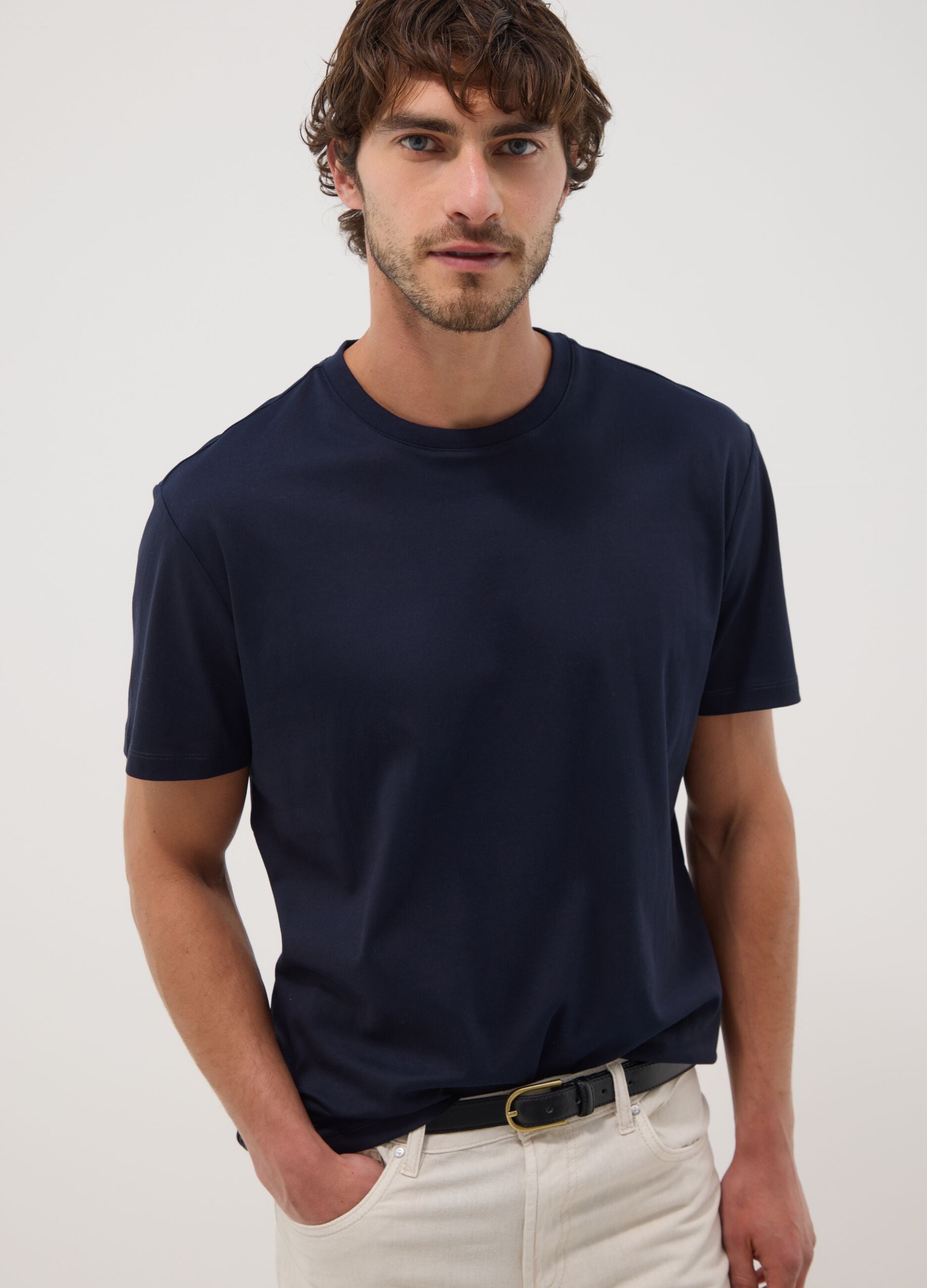 Blue slim-fit mercerised pure cotton T-shirt