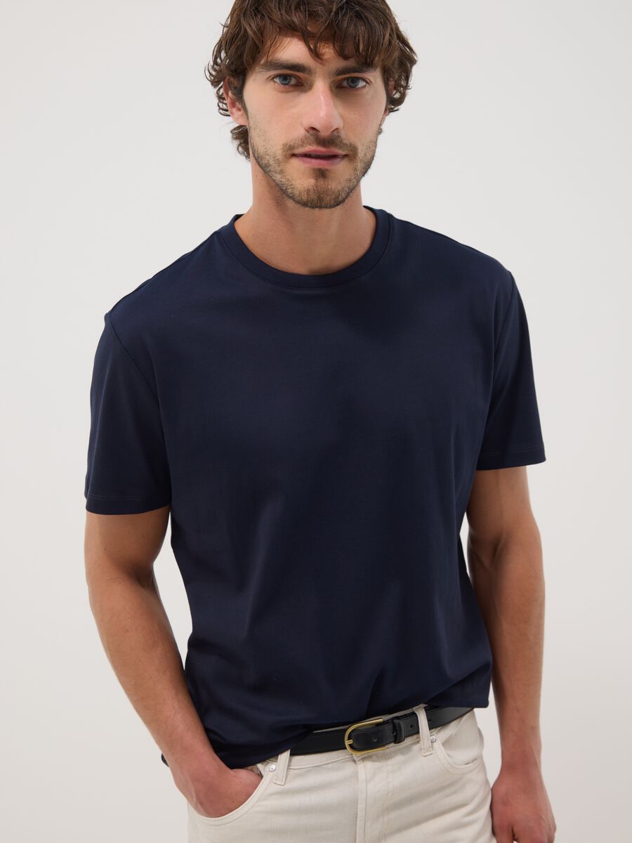 Blue slim-fit mercerised pure cotton T-shirt_1
