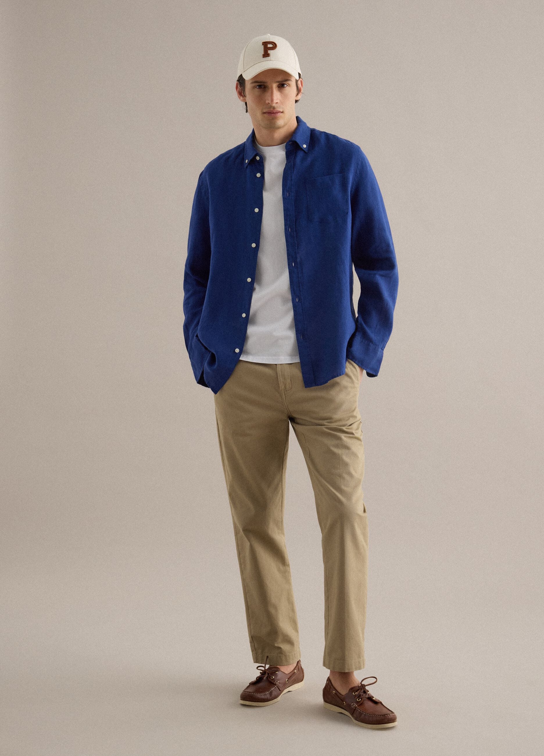 Blue pure linen long sleeve shirt regular fit