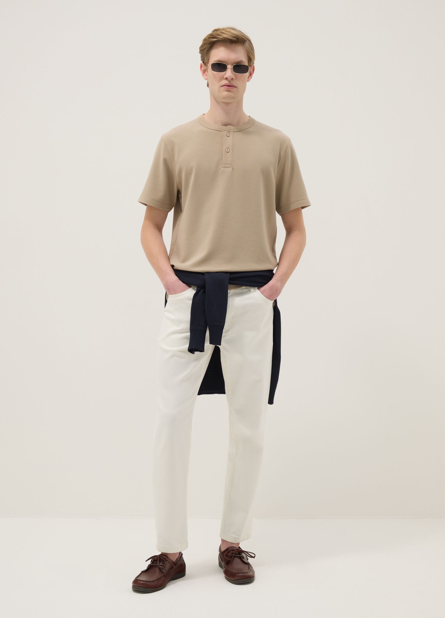 Beige regular-fit short-sleeve T-shirt with Henley neckline