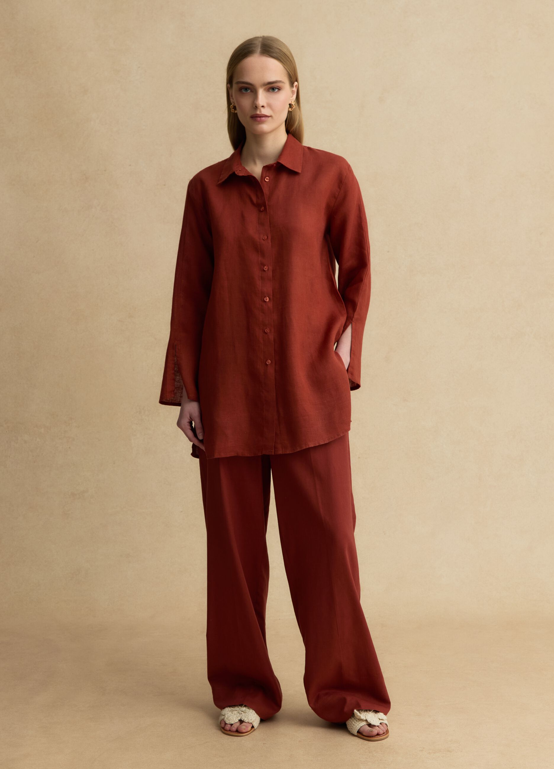Red pure linen oversized shirt
