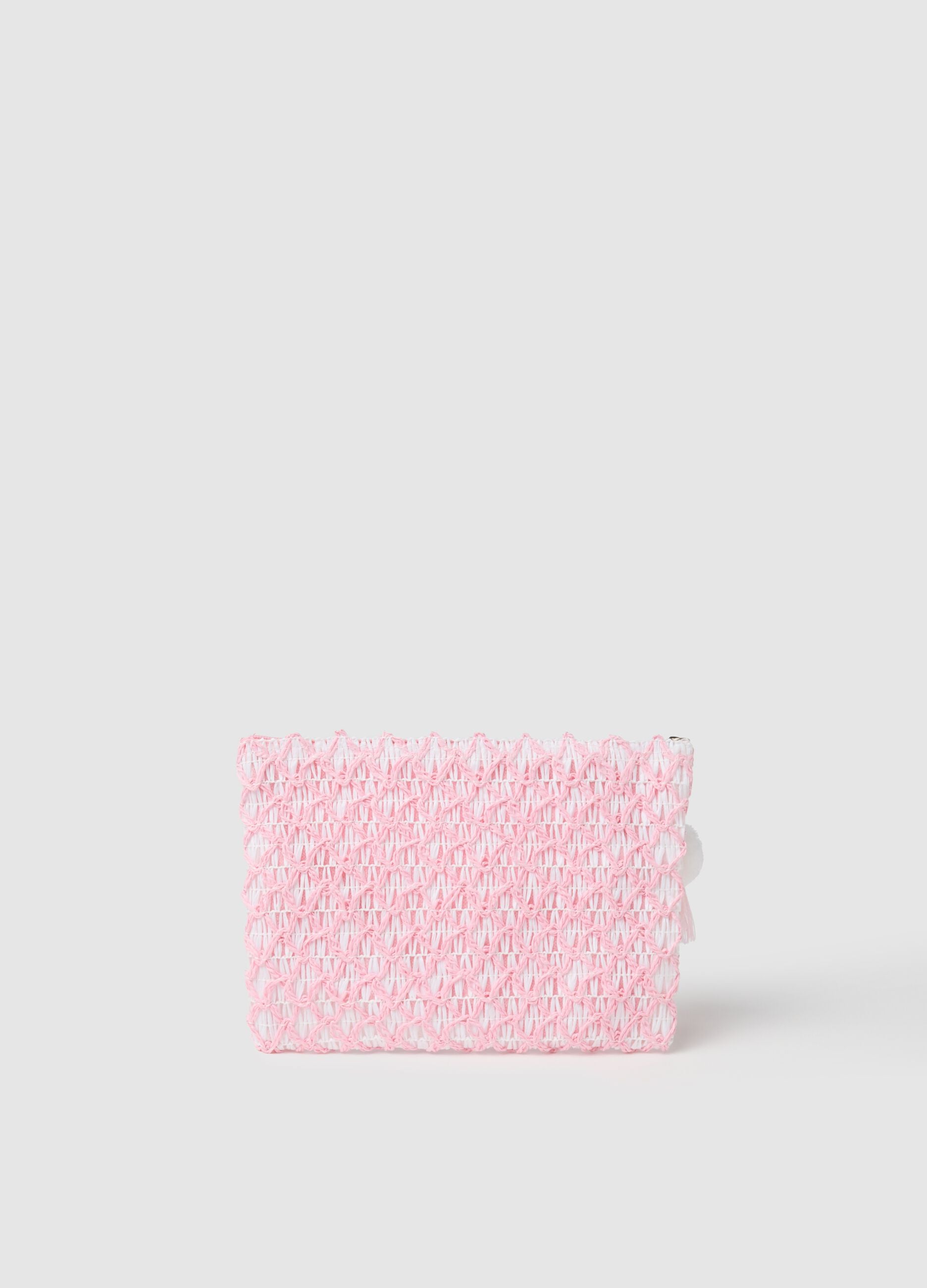 Pink and White Raffia Clutch