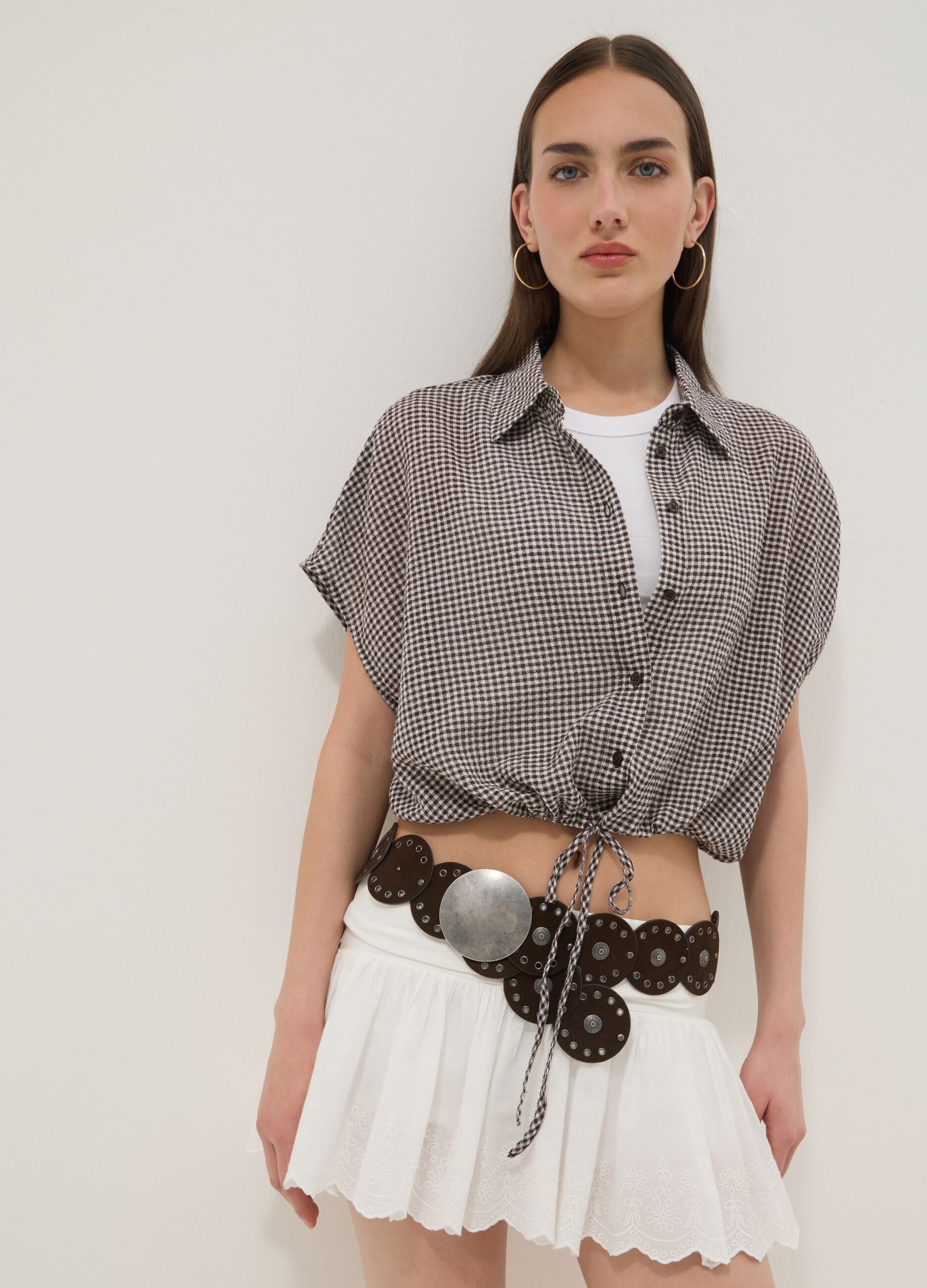 Multicoloured gingham cropped stretch-cotton shirt