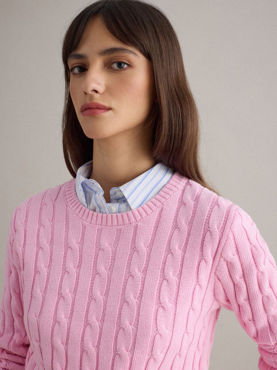 Pink pure cotton regular fit jumper with cable knit_4