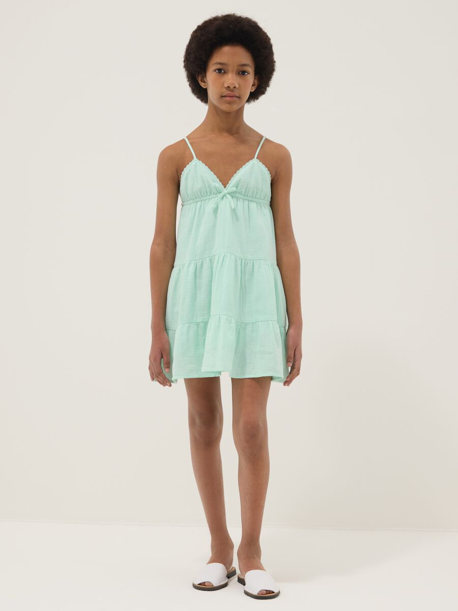 Abito mini verde in puro cotone con spalline sottili_0