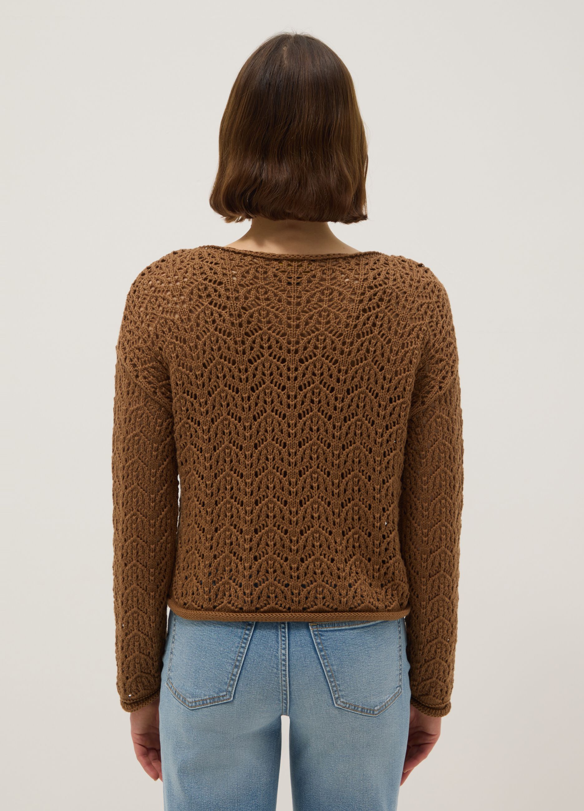 Brown pure cotton jumper with regular fit and perforated design
