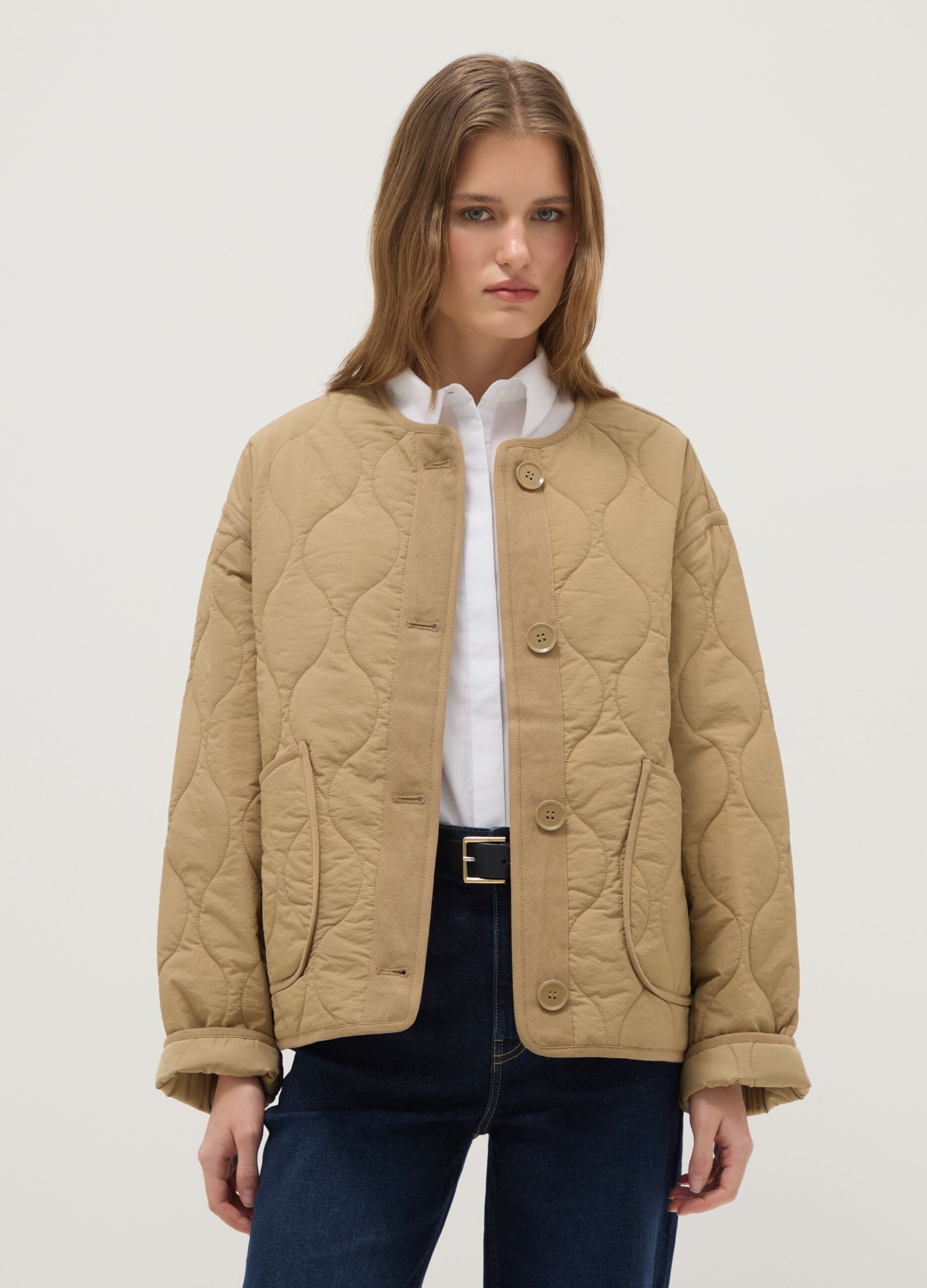 Beige padded regular fit jacket with buttons