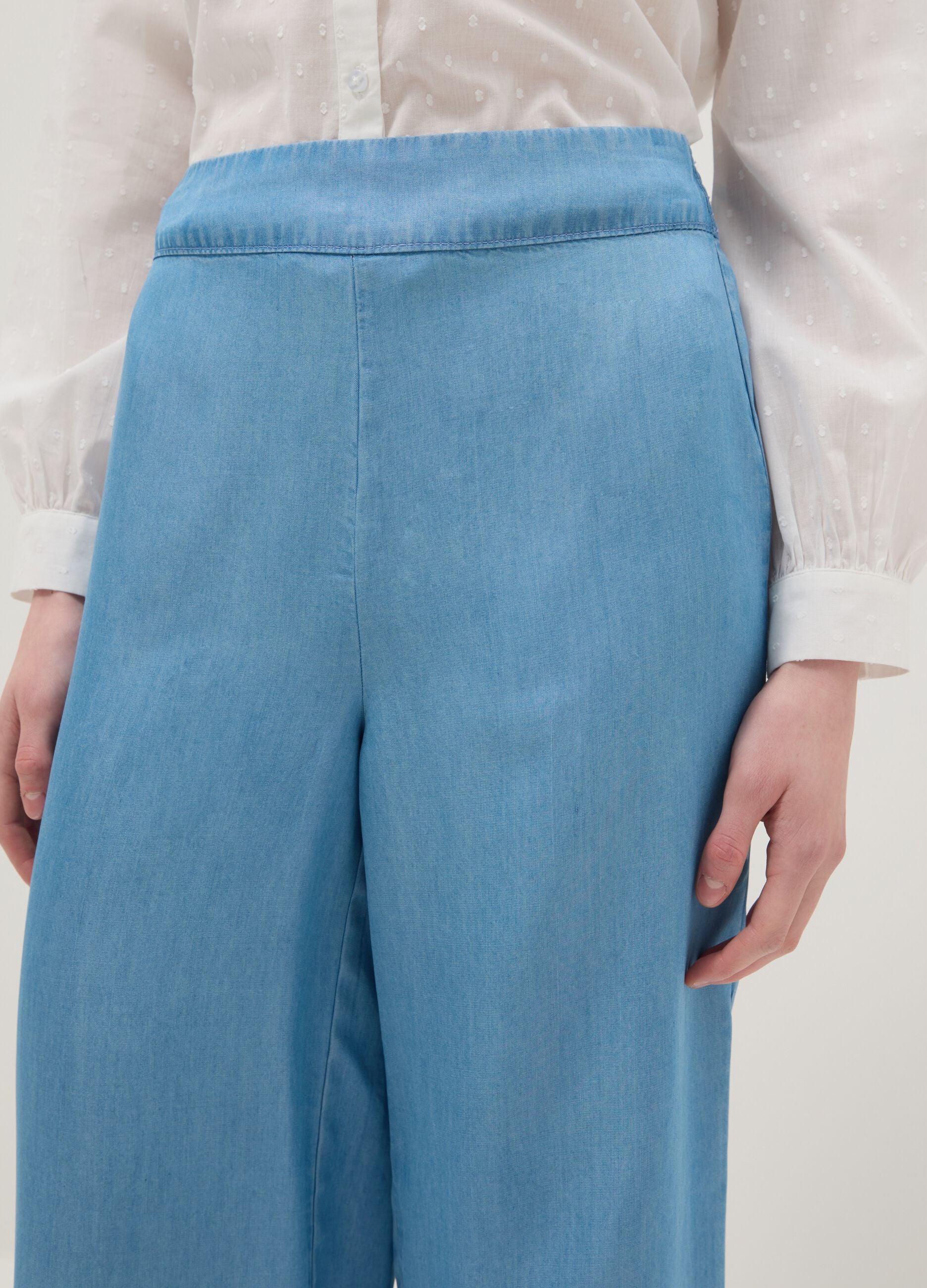 Light blue pure lyocell palazzo trousers with elasticated waist, wide-leg