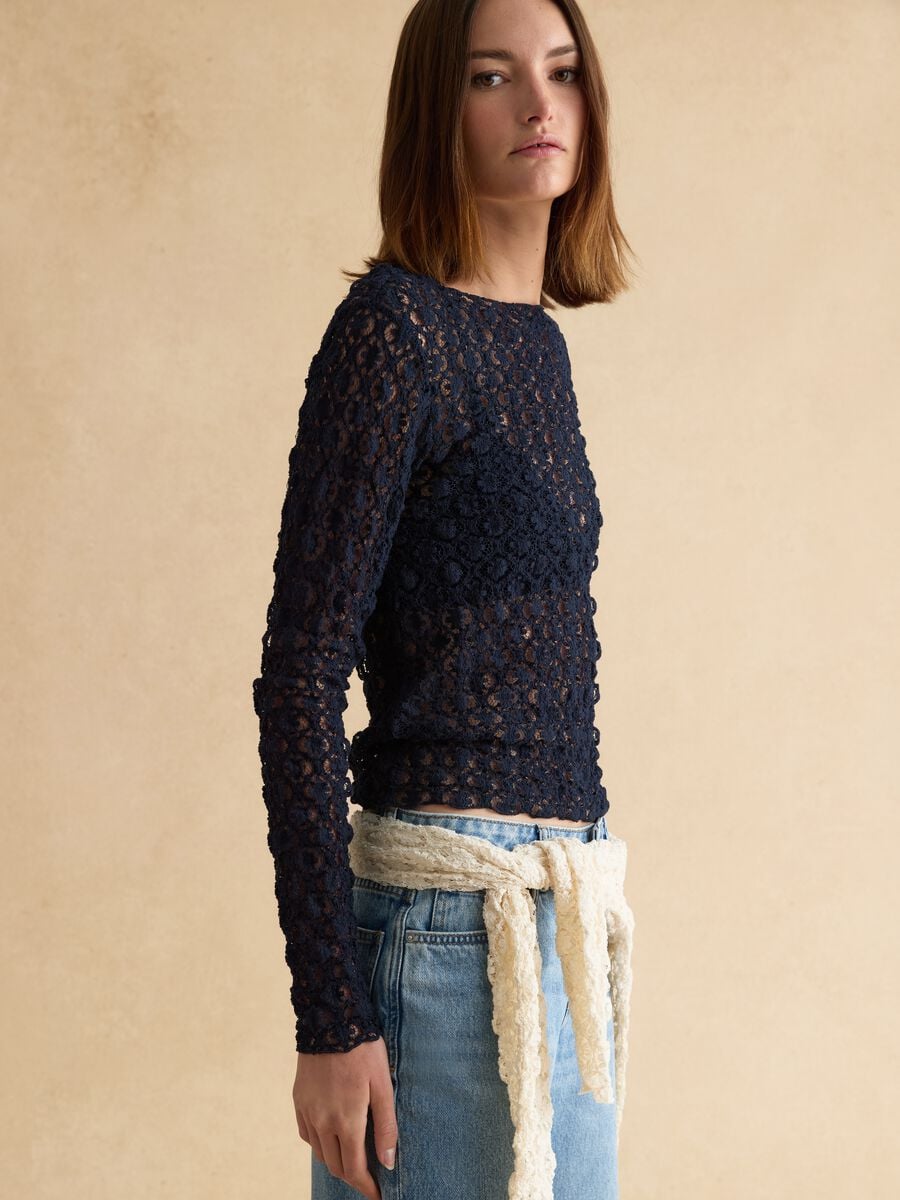 Blue stretch cotton blend regular fit top with lace_2