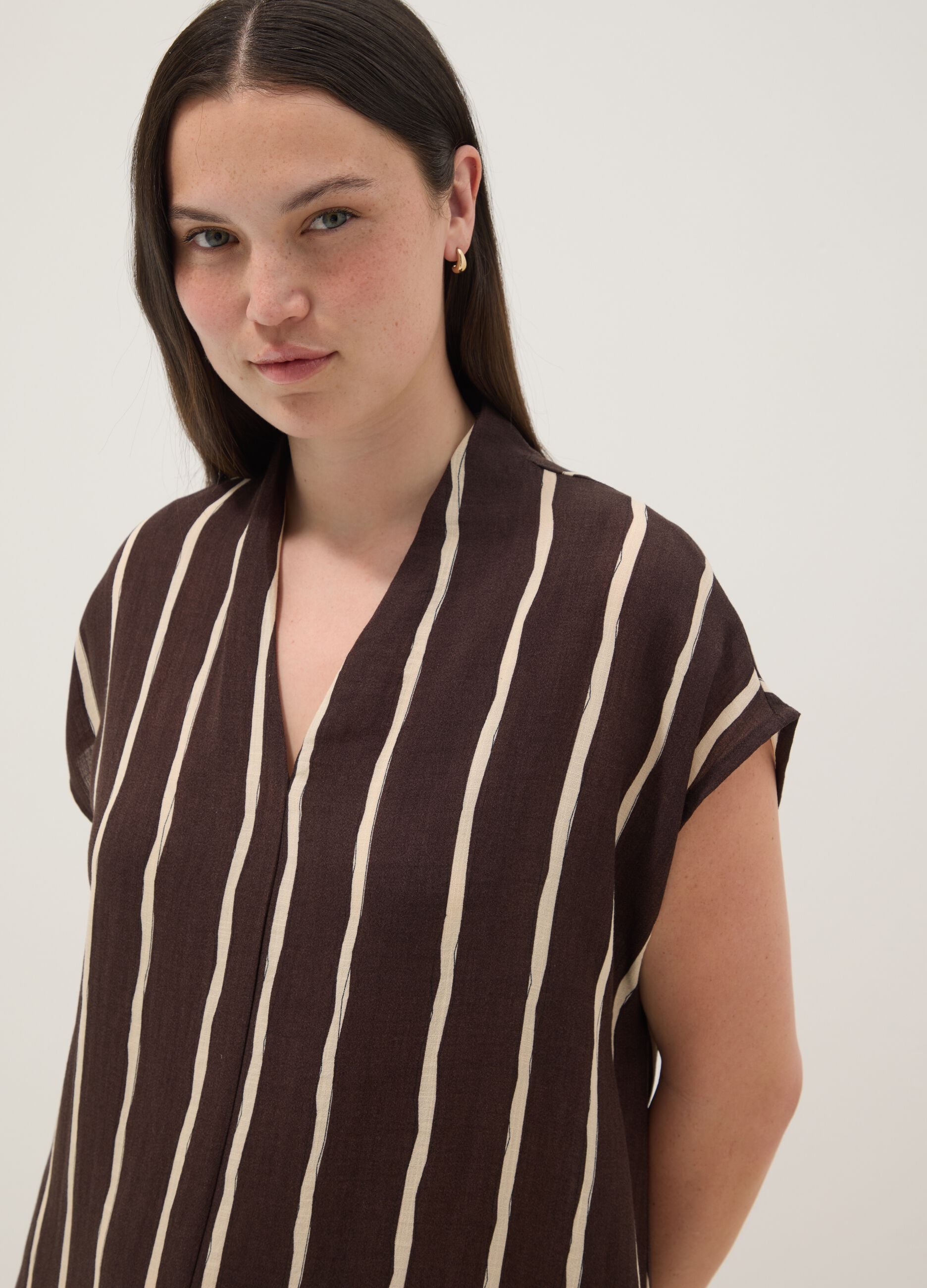 Brown striped viscose-blend midi dress