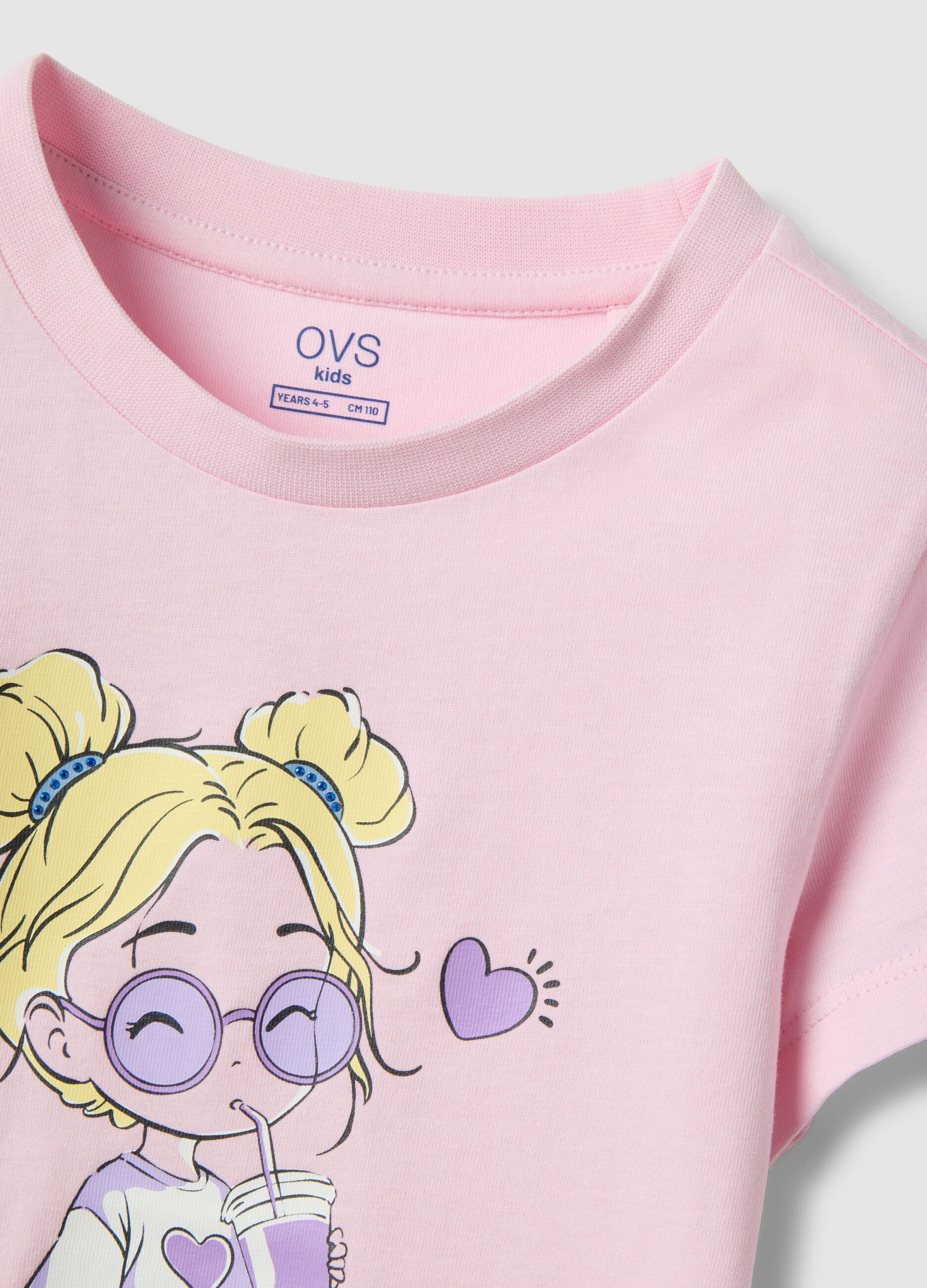 Girls' pink pure cotton T-shirt regular fit with print