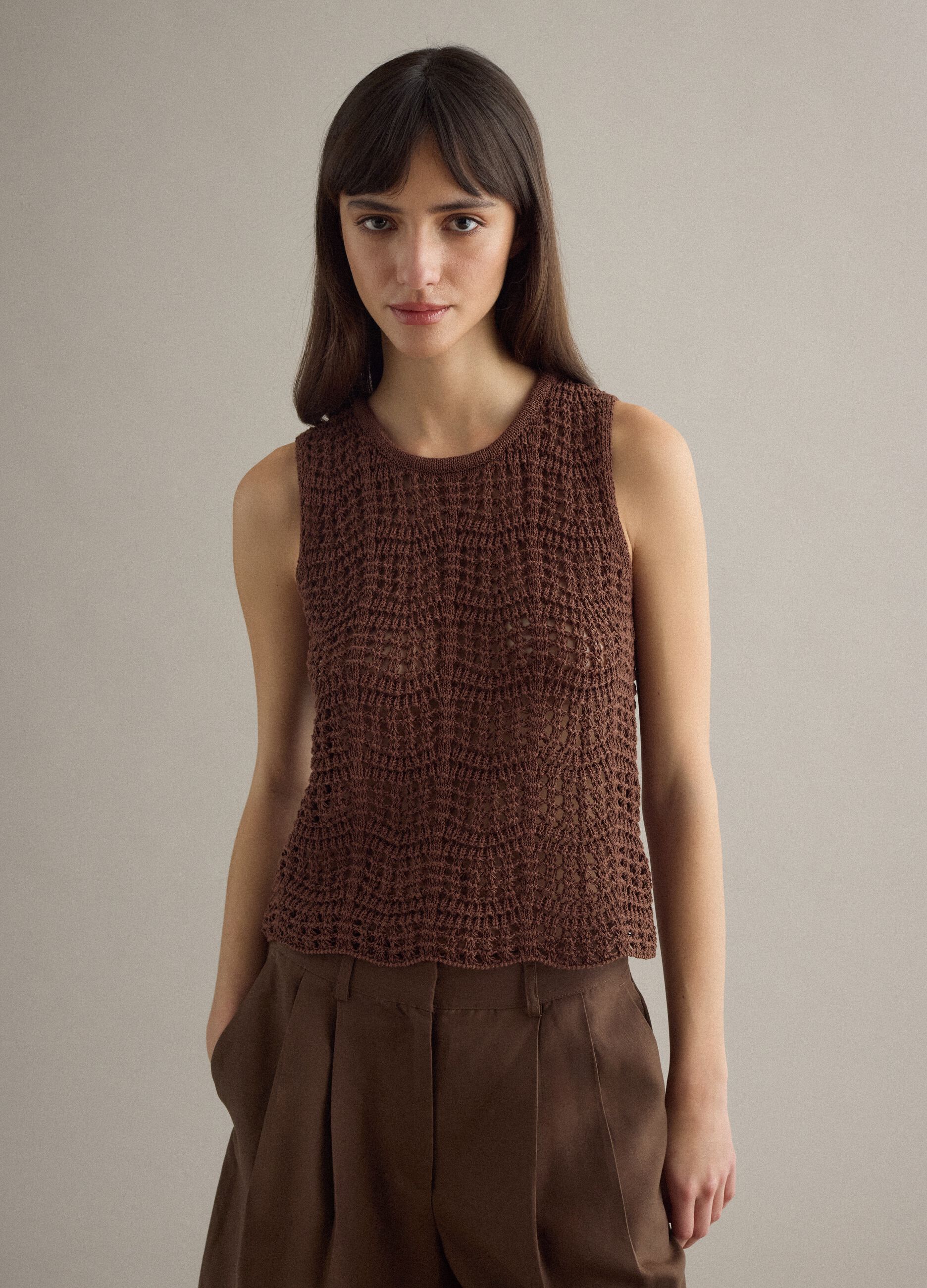 Brown regular fit cotton blend tank top with mesh texture