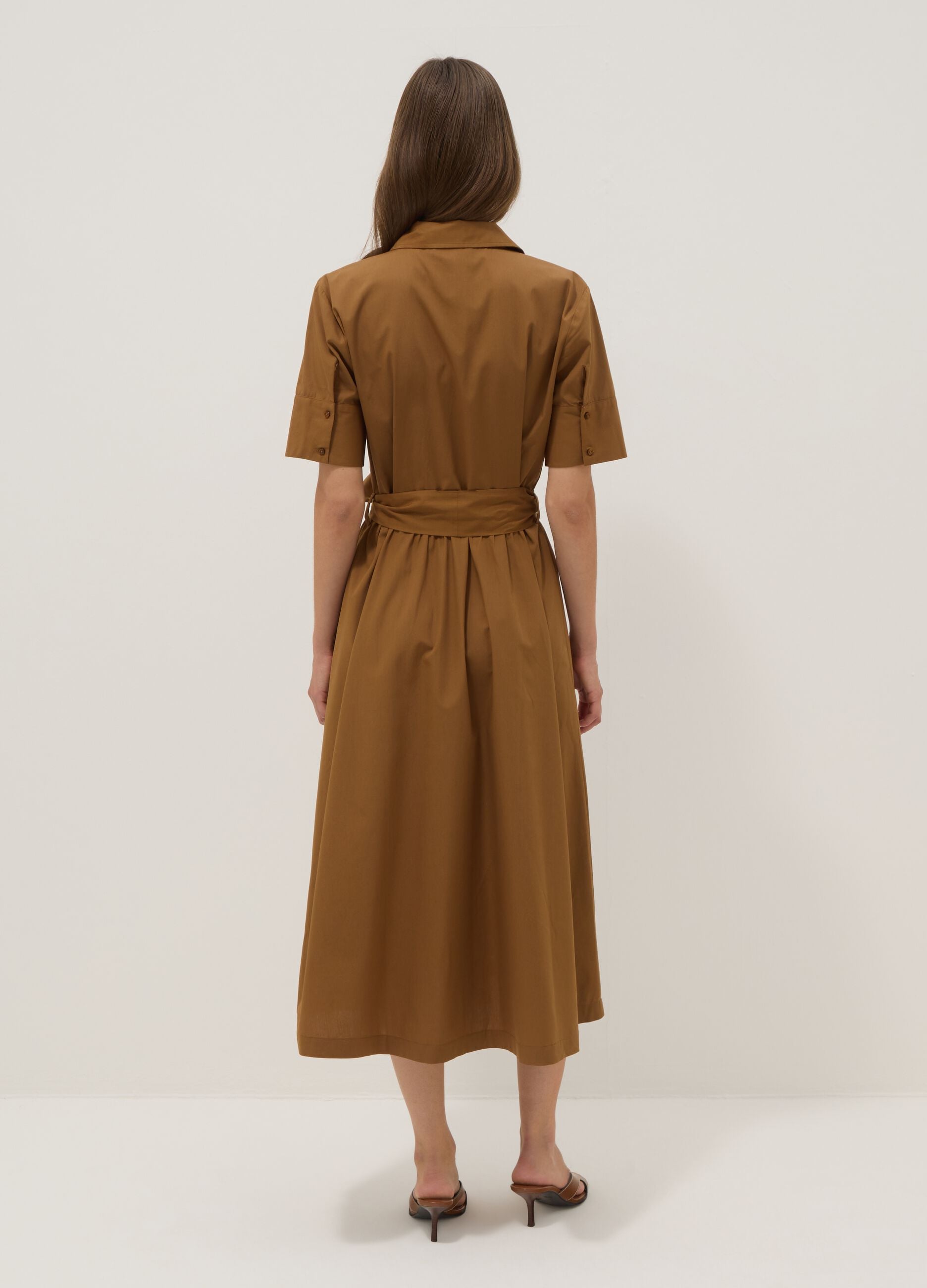 Brown pure cotton shirt dress with tie belt, regular fit