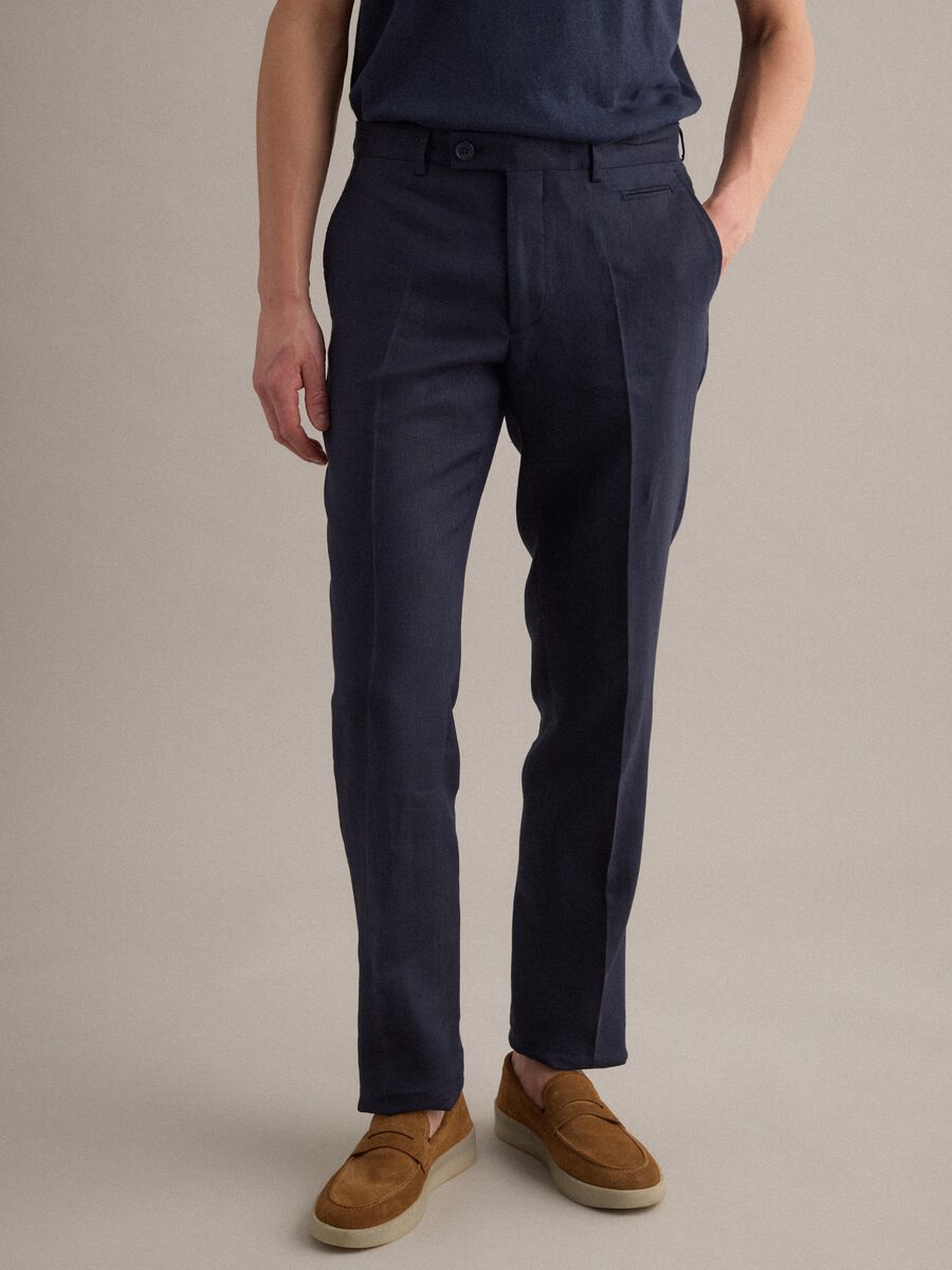 Pantaloni in puro lino blu regular fit_1