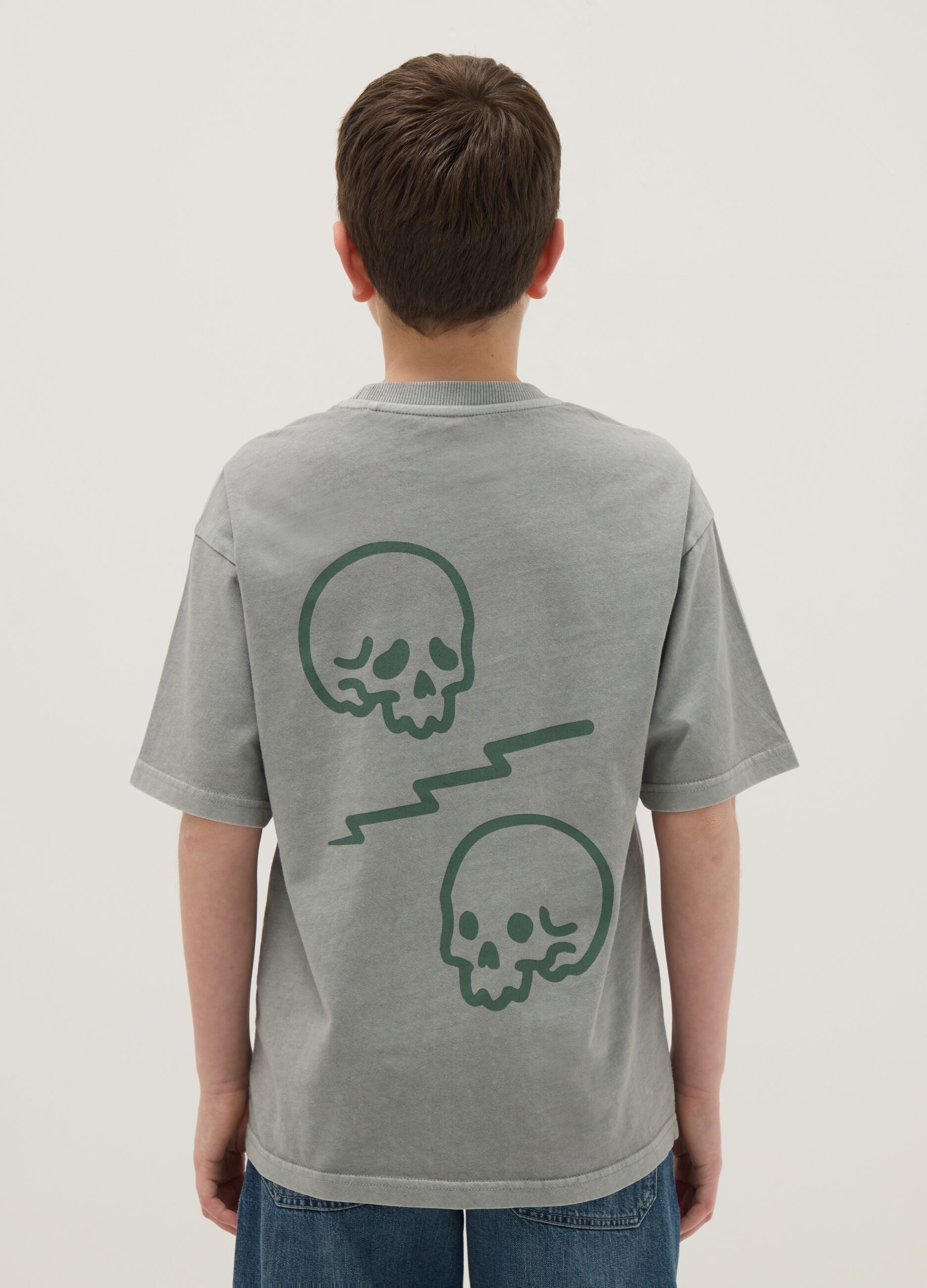 Boys' Green Pure Cotton Oversized Fit T-shirt with Skull