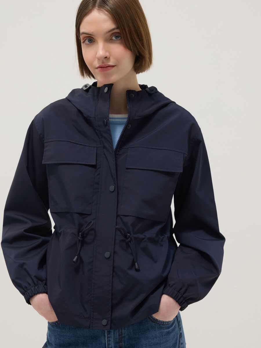 Blue waterproof jacket regular fit with pockets and hood_0