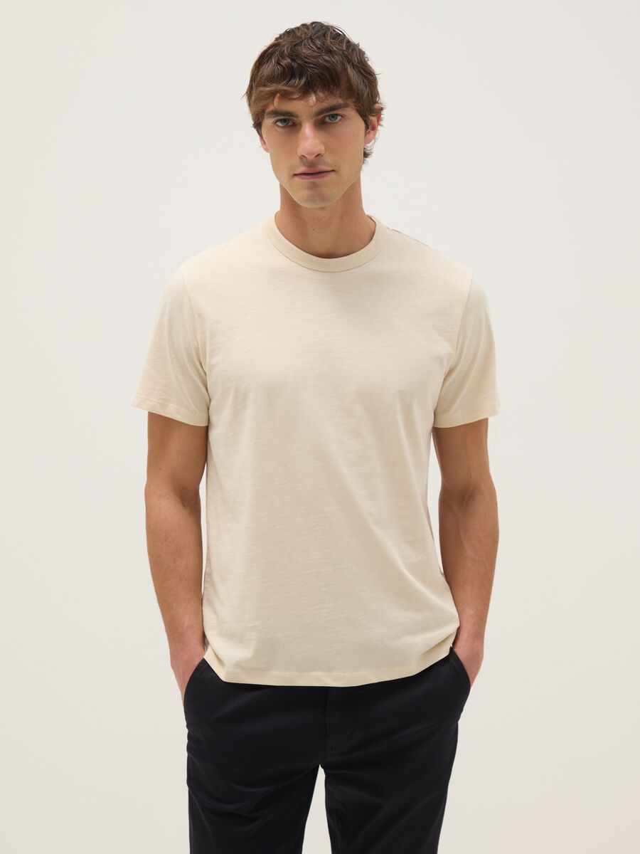 Beige short-sleeved pure cotton regular fit T-shirt_0