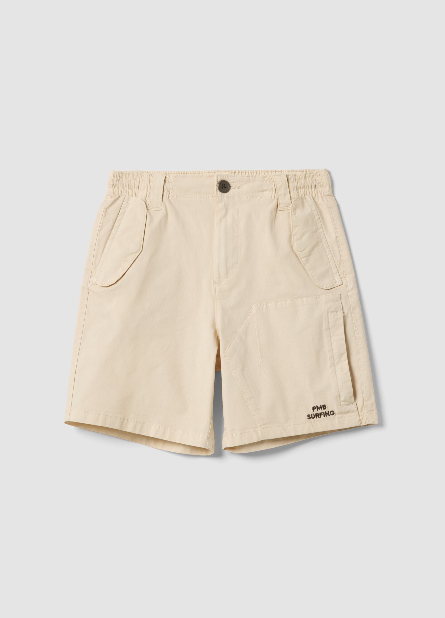 Beige stretch cotton cargo shorts for boys, baggy fit