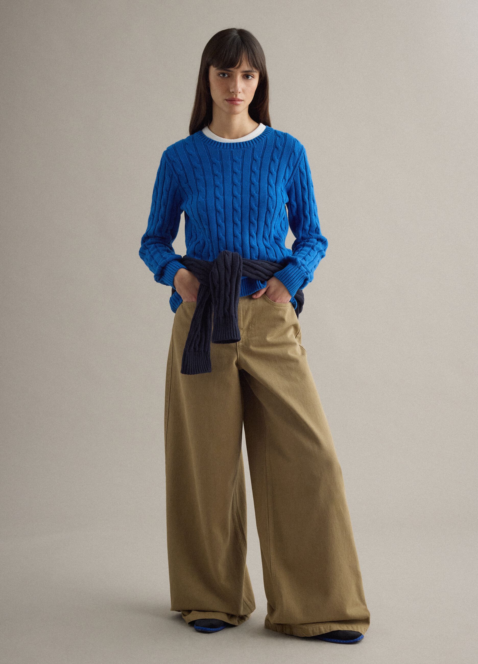 Blue sweater in pure cotton regular fit with cable knit