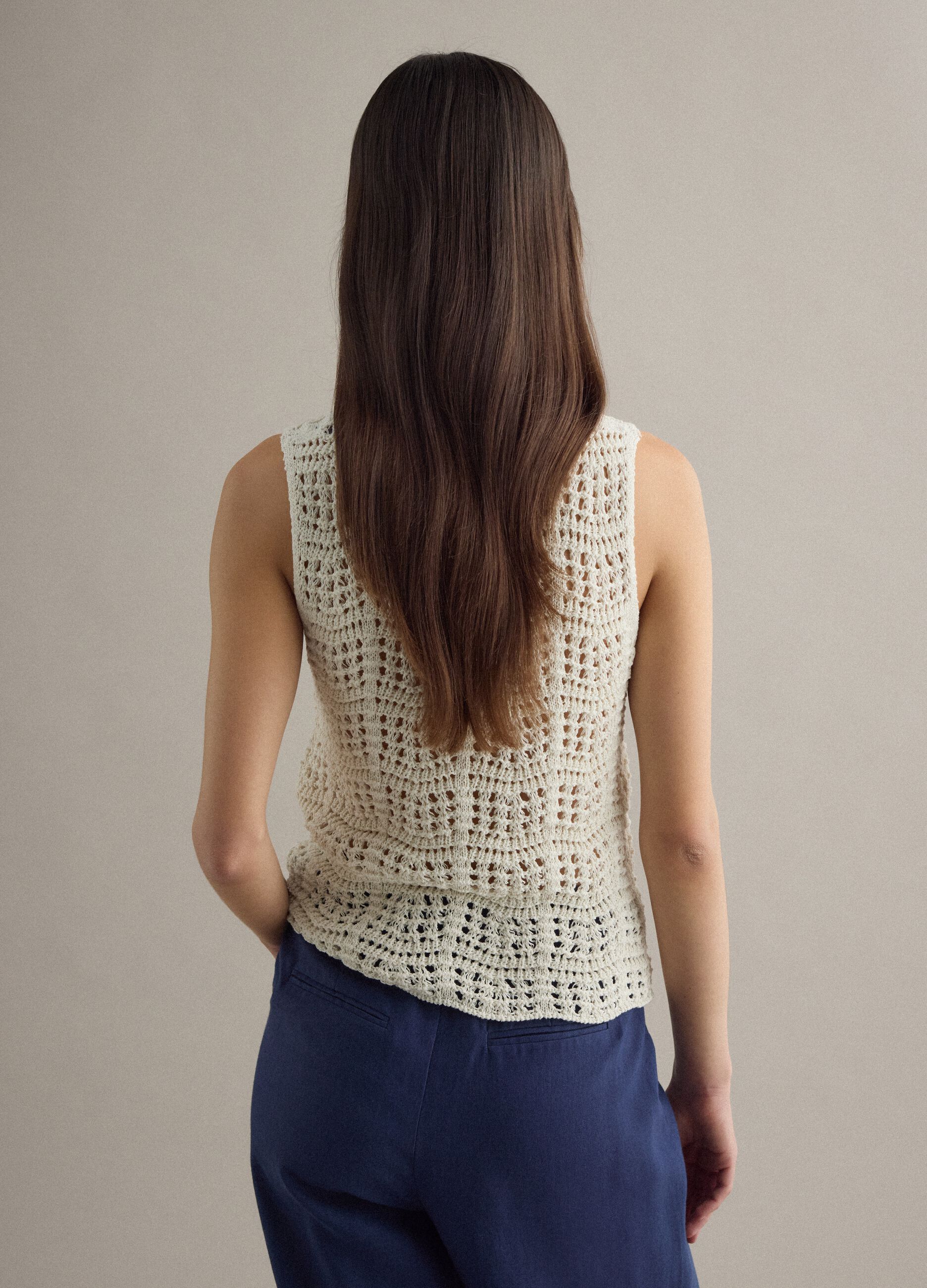 White cotton blend tank top regular fit with mesh texture