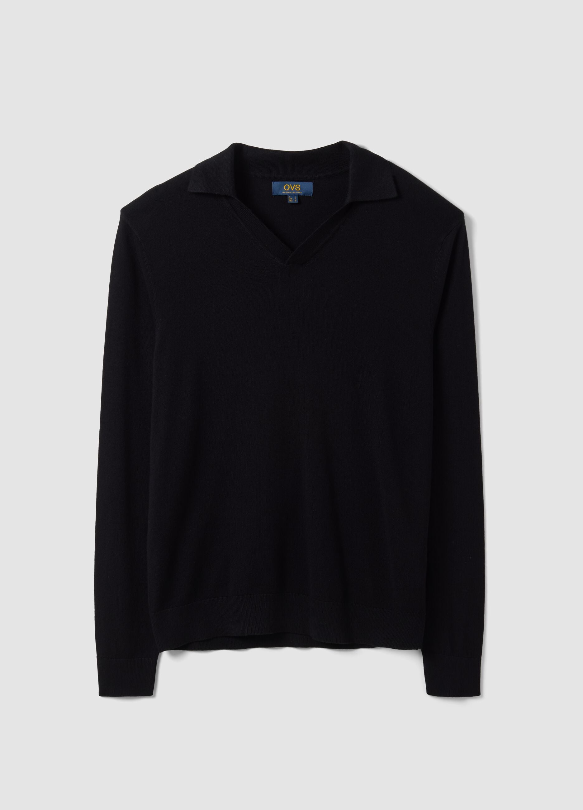 Black viscose-blend V-neck polo shirt, regular fit