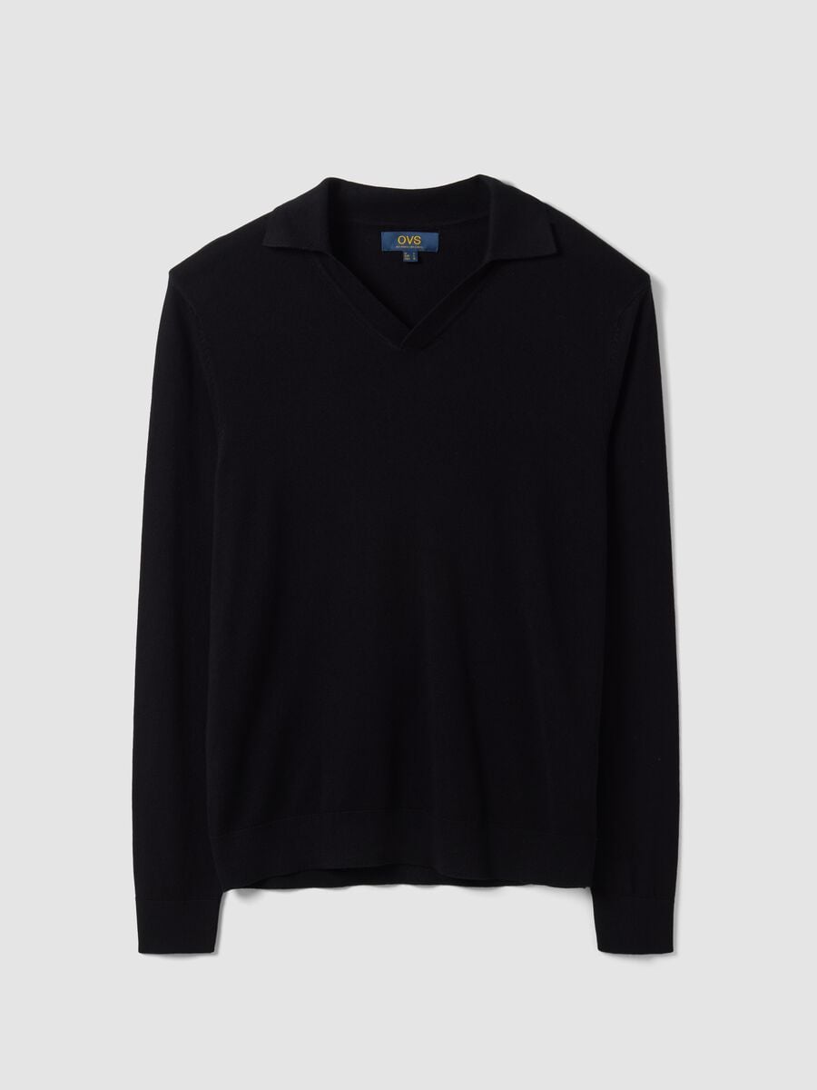Black viscose-blend V-neck polo shirt, regular fit_0