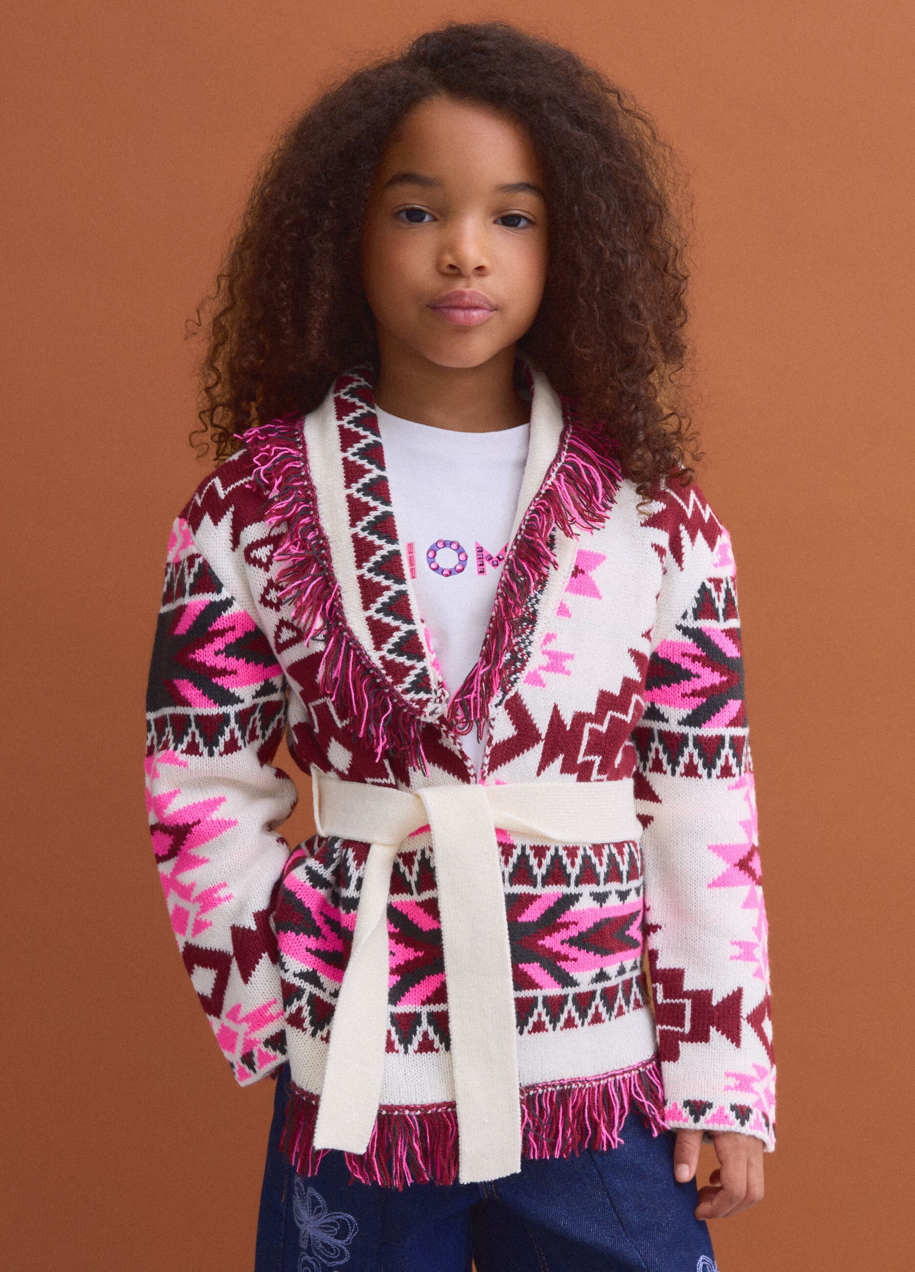 Girls&rsquo; multicolour jacquard cardigan with deep V-neck
