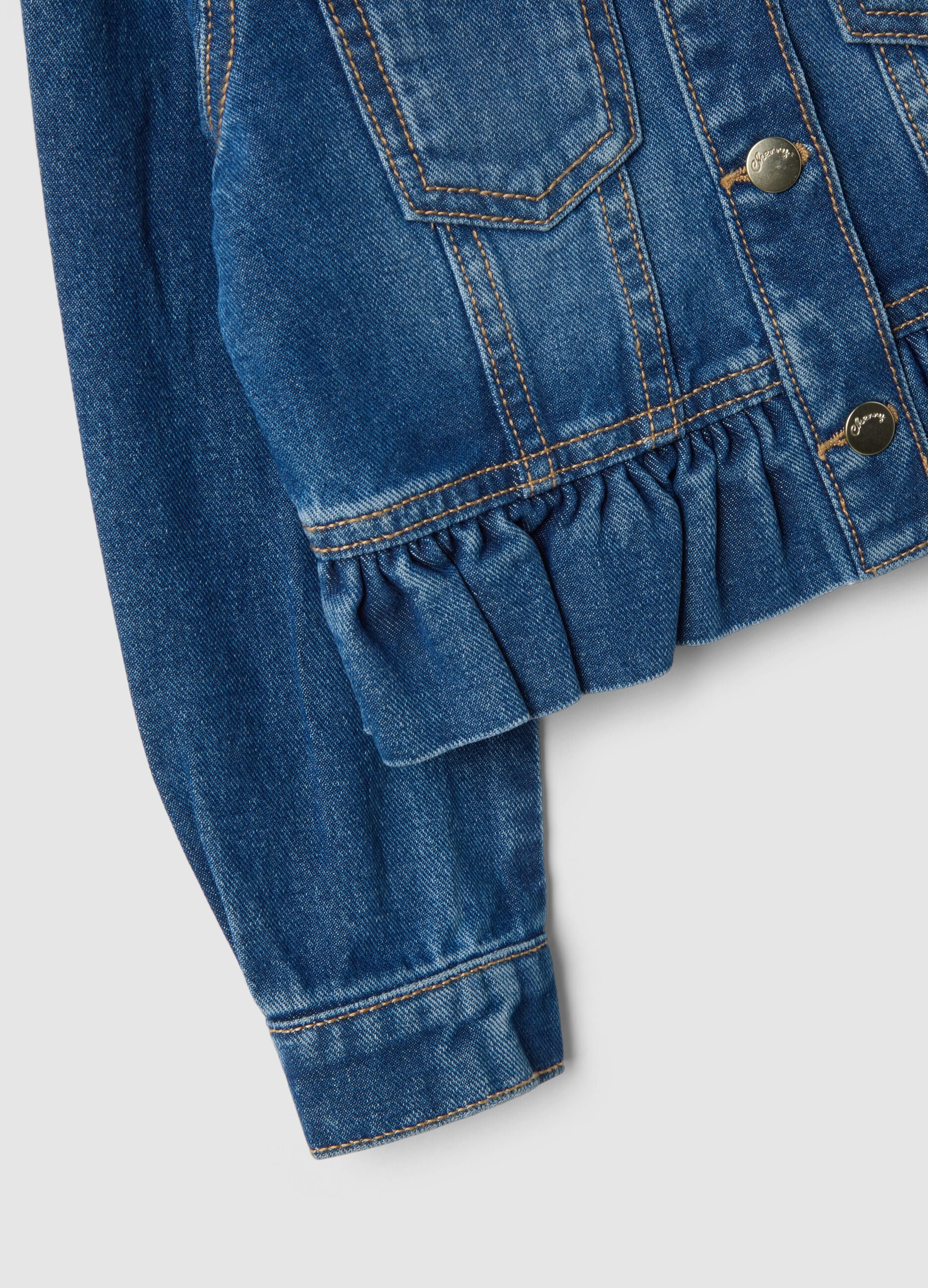 Girl's regular fit blue denim cotton jacket with pockets
