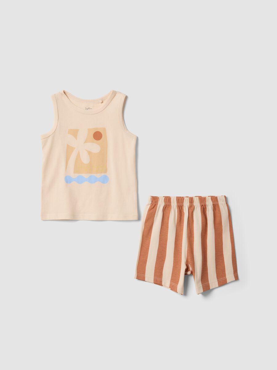 Beige organic cotton baby pyjama set with vest top and shorts_0