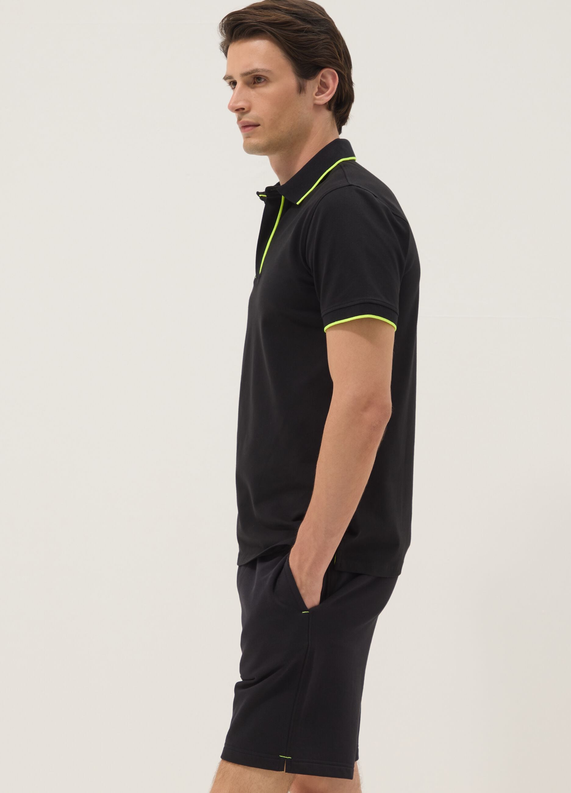 Blue stretch cotton polo with contrast piping
