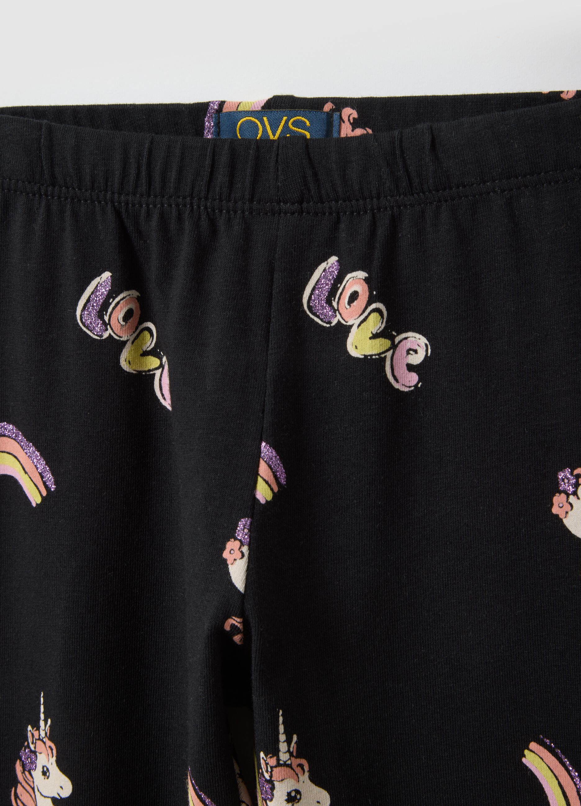 Girls' Black Stretch Cotton Skinny Fit Leggings with Prints