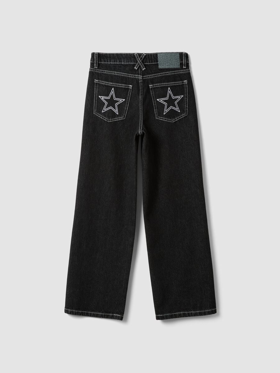 Black straight-leg pure cotton jeans with star detail for girls_1