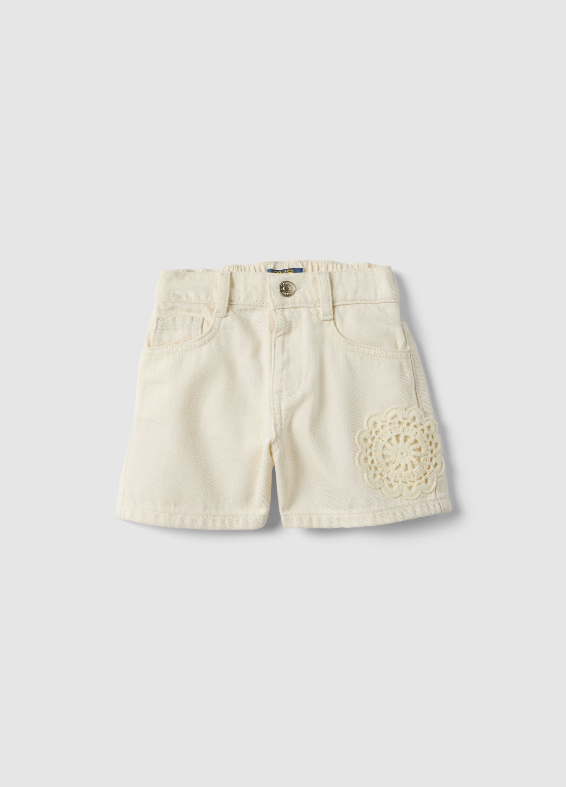 Girls' white pure cotton denim shorts regular fit with lace trim