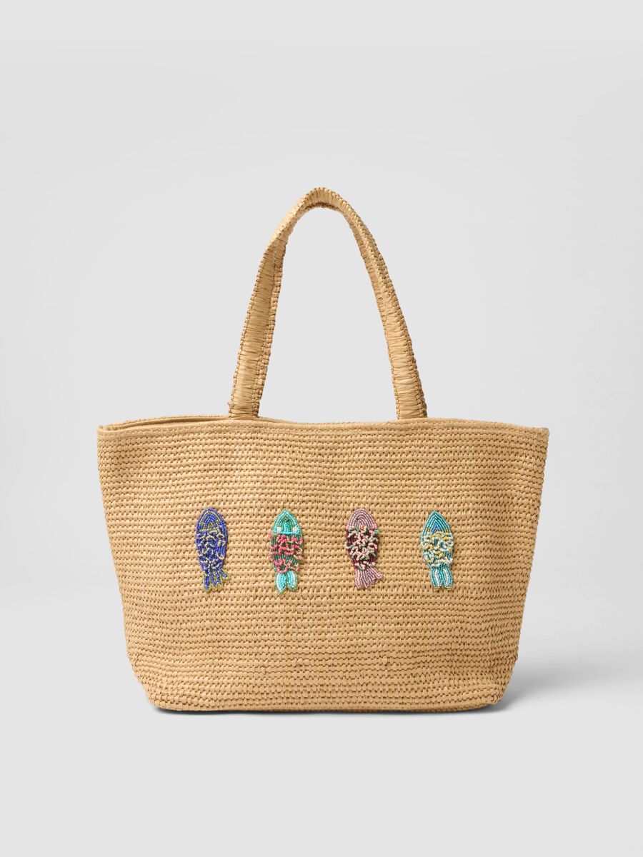 Borsa da spiaggia in misto cotone e tessuto carta beige con perline_0