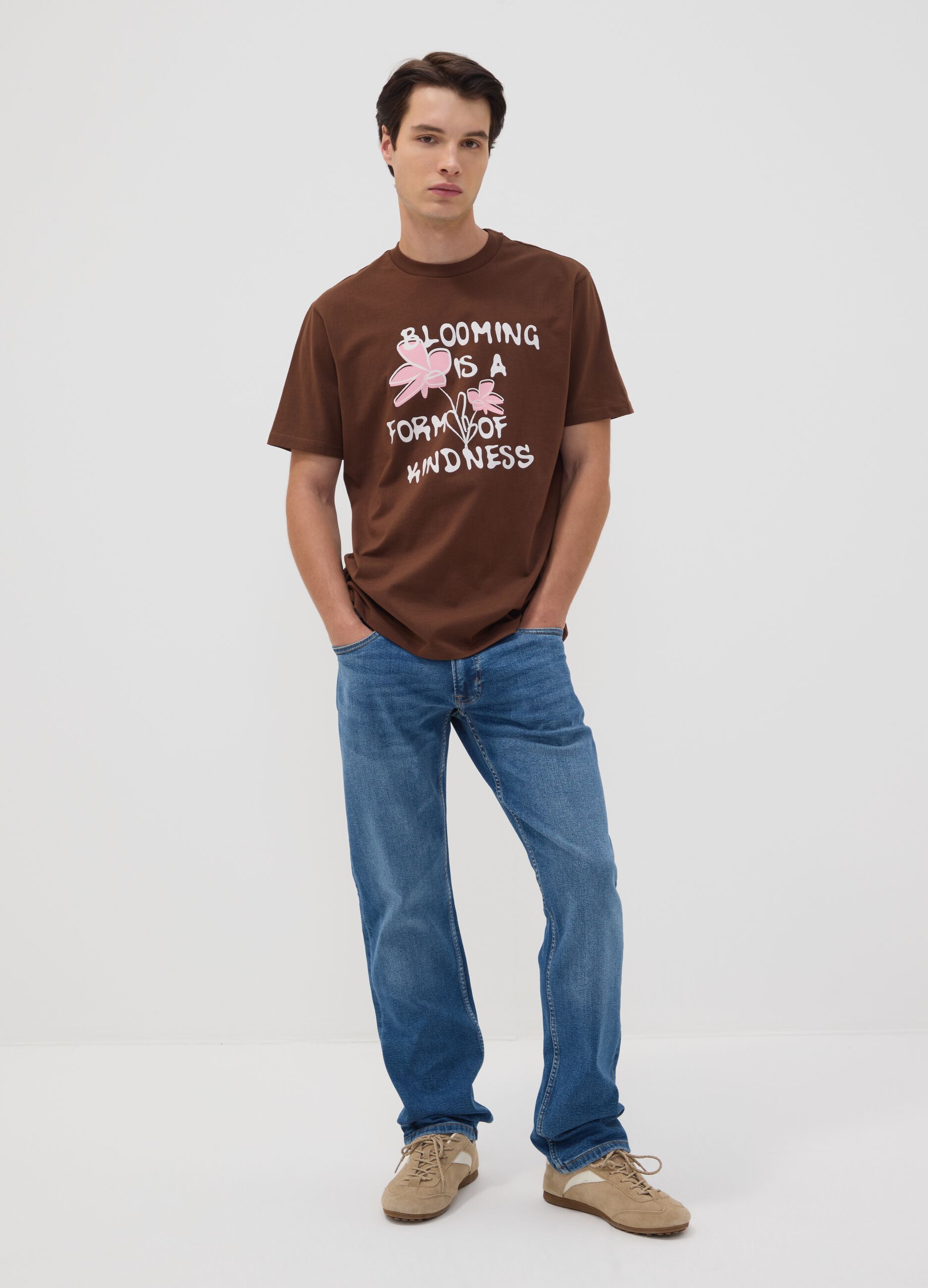 Brown pure cotton jersey slogan T-shirt, regular fit