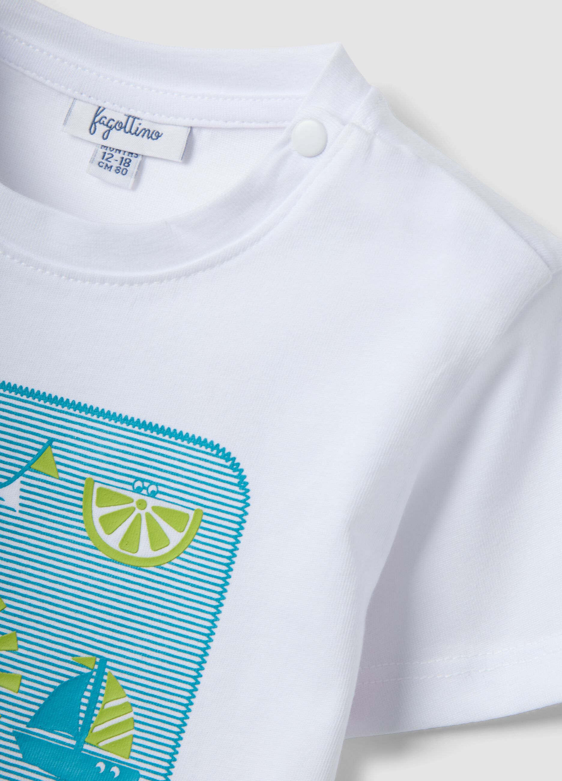 White pure cotton boys&rsquo; T-shirt, regular fit, with nautical print
