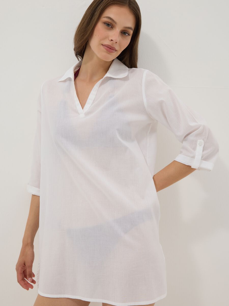 White pure organic cotton kaftan with V-neck_2