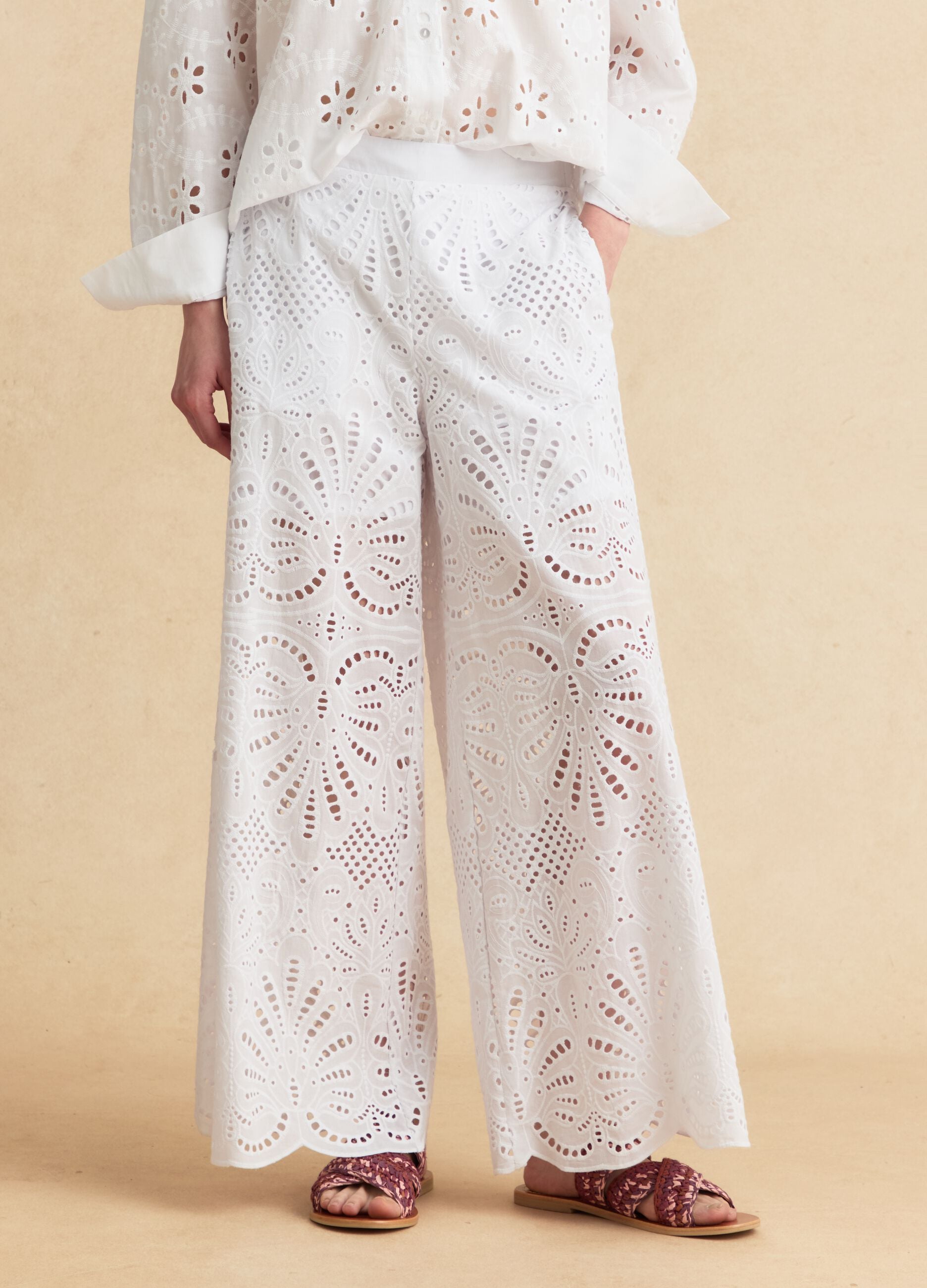 White pure cotton broderie anglaise palazzo trousers