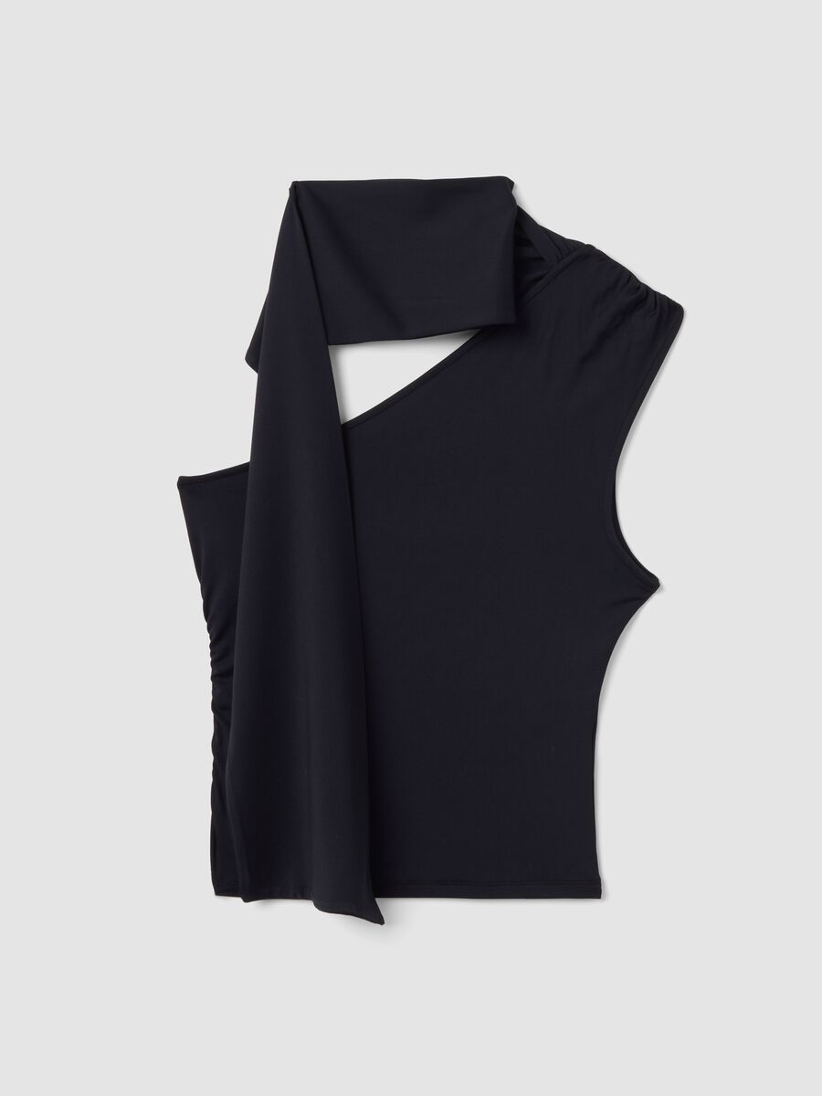 Black stretch-fabric top with asymmetric neckline and draped band_0