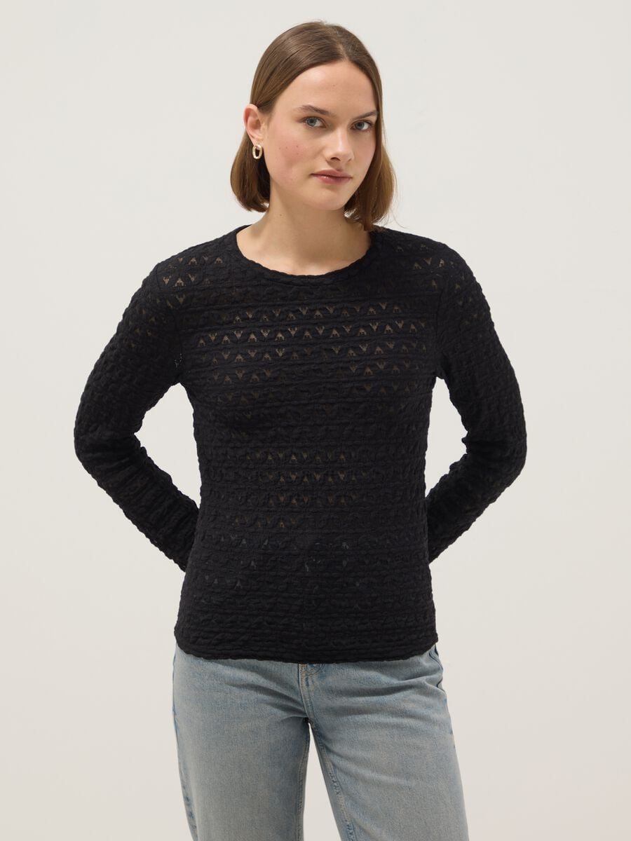Black regular-fit cotton and viscose blend sweater with knitted texture_0