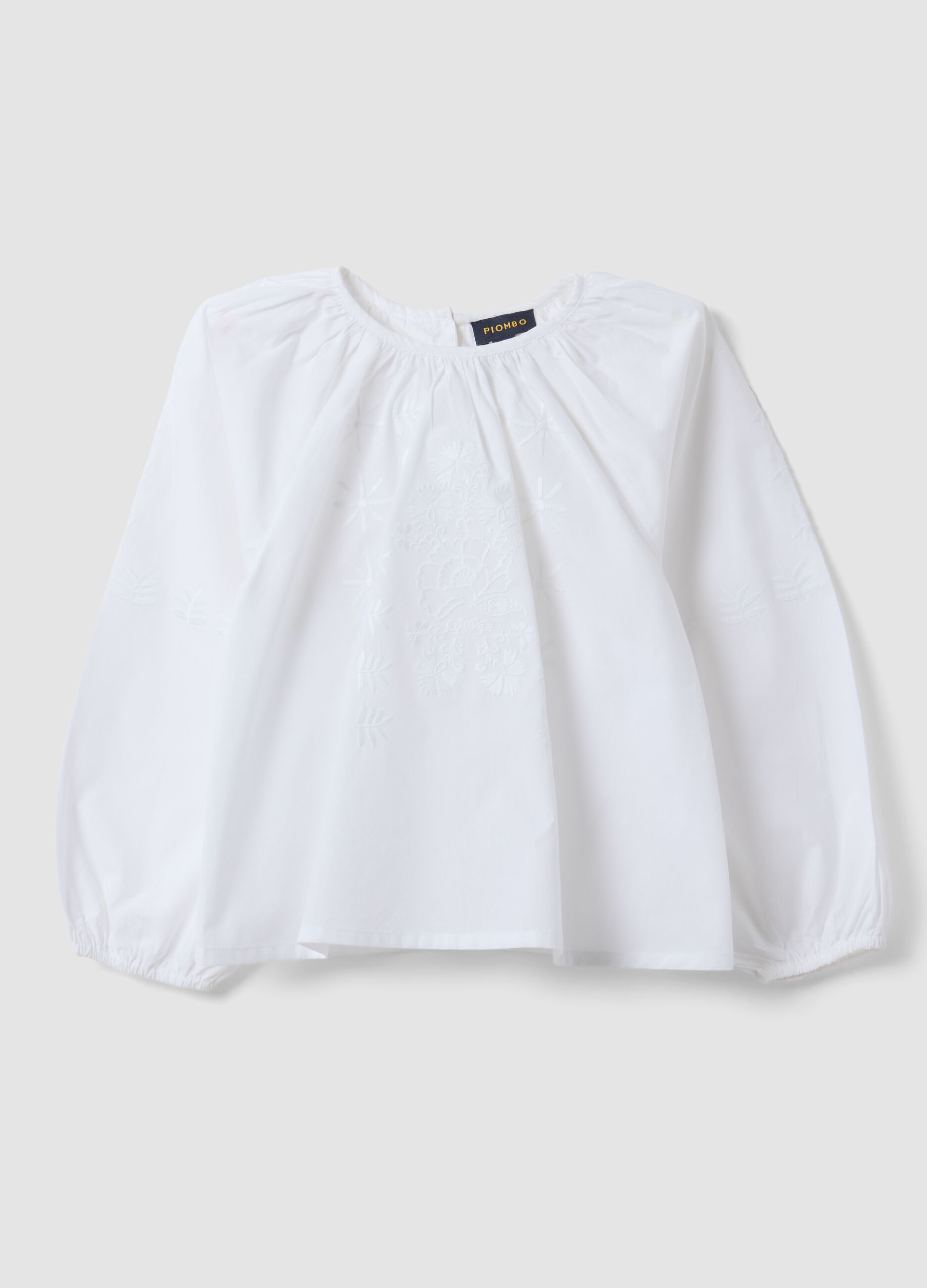 White pure cotton blouse with embroidery and gathered neckline for girls