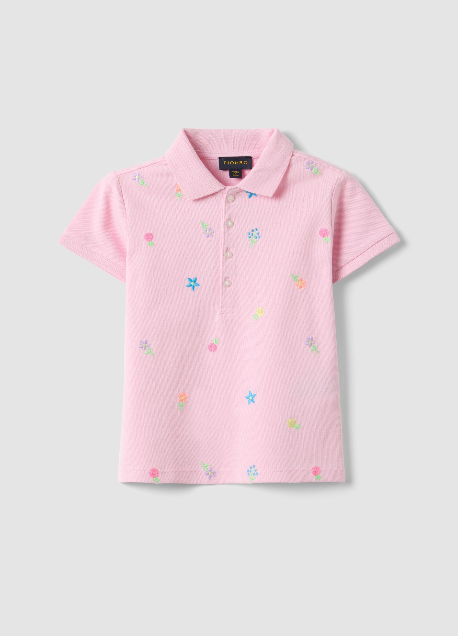 Girls' pink pure cotton polo, regular fit with embroidered flowers