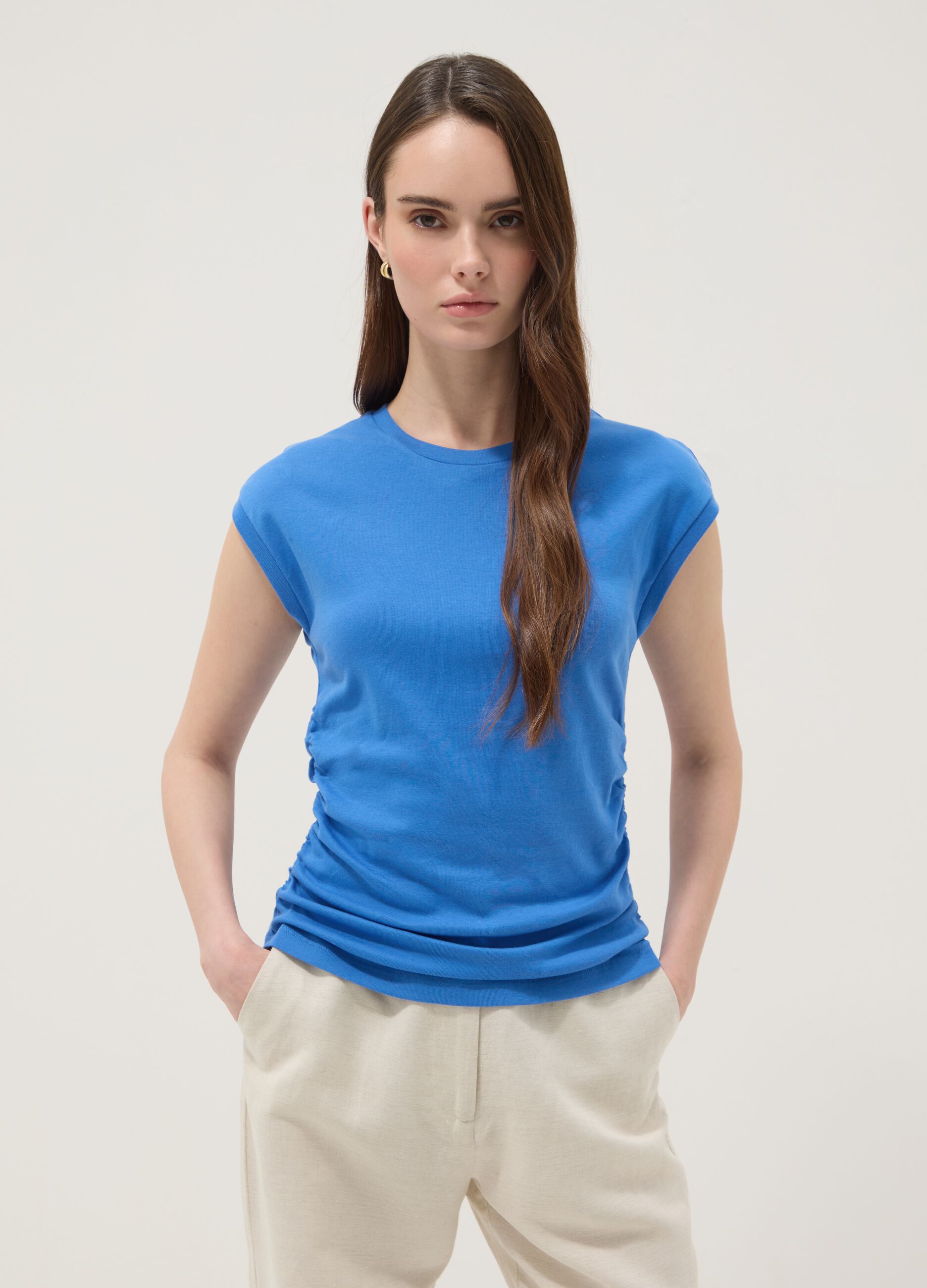 Blue pure cotton tank top with side ruching, regular fit