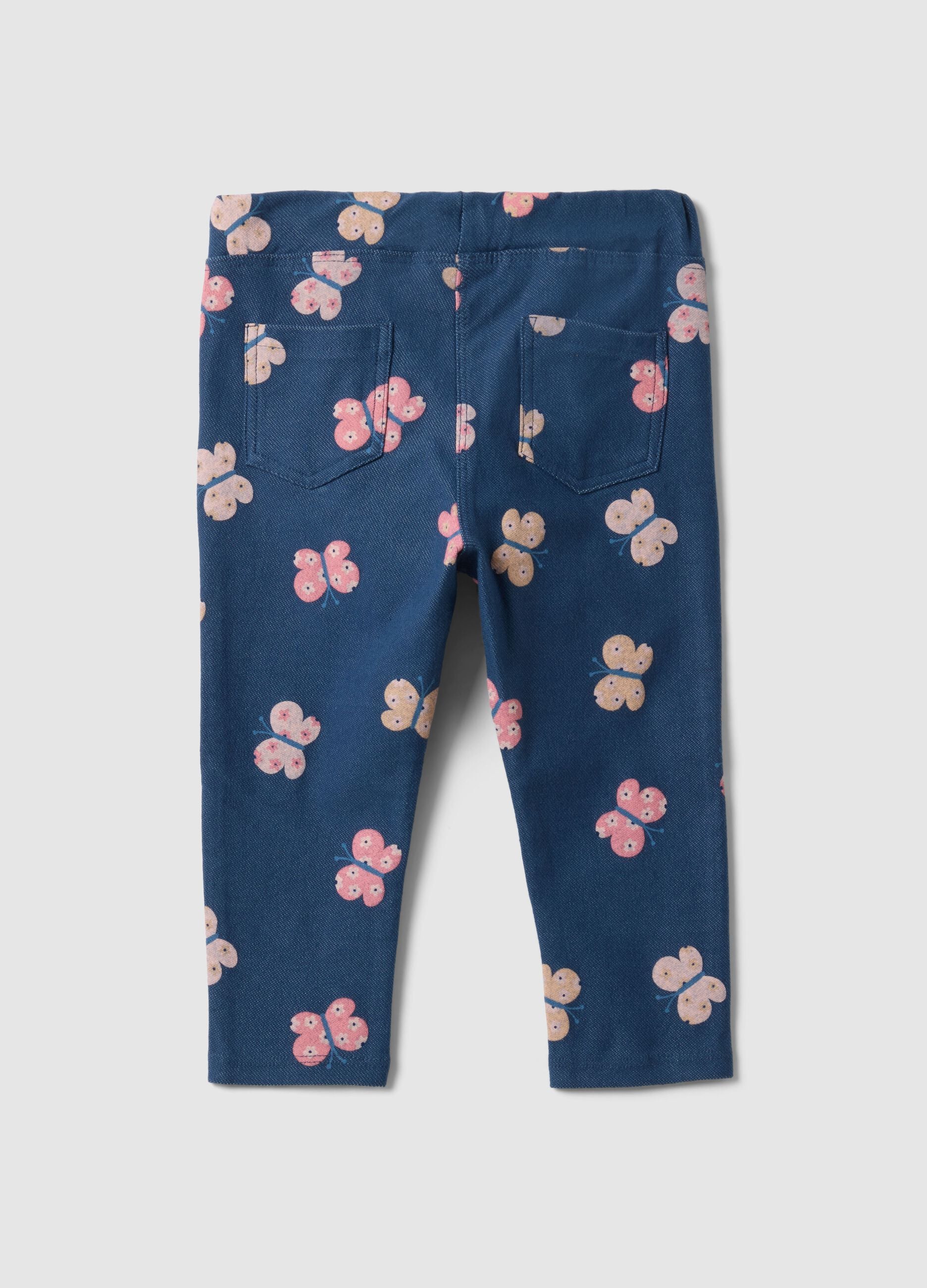 Elasticated Cotton Blue Treggings for Girls with Prints