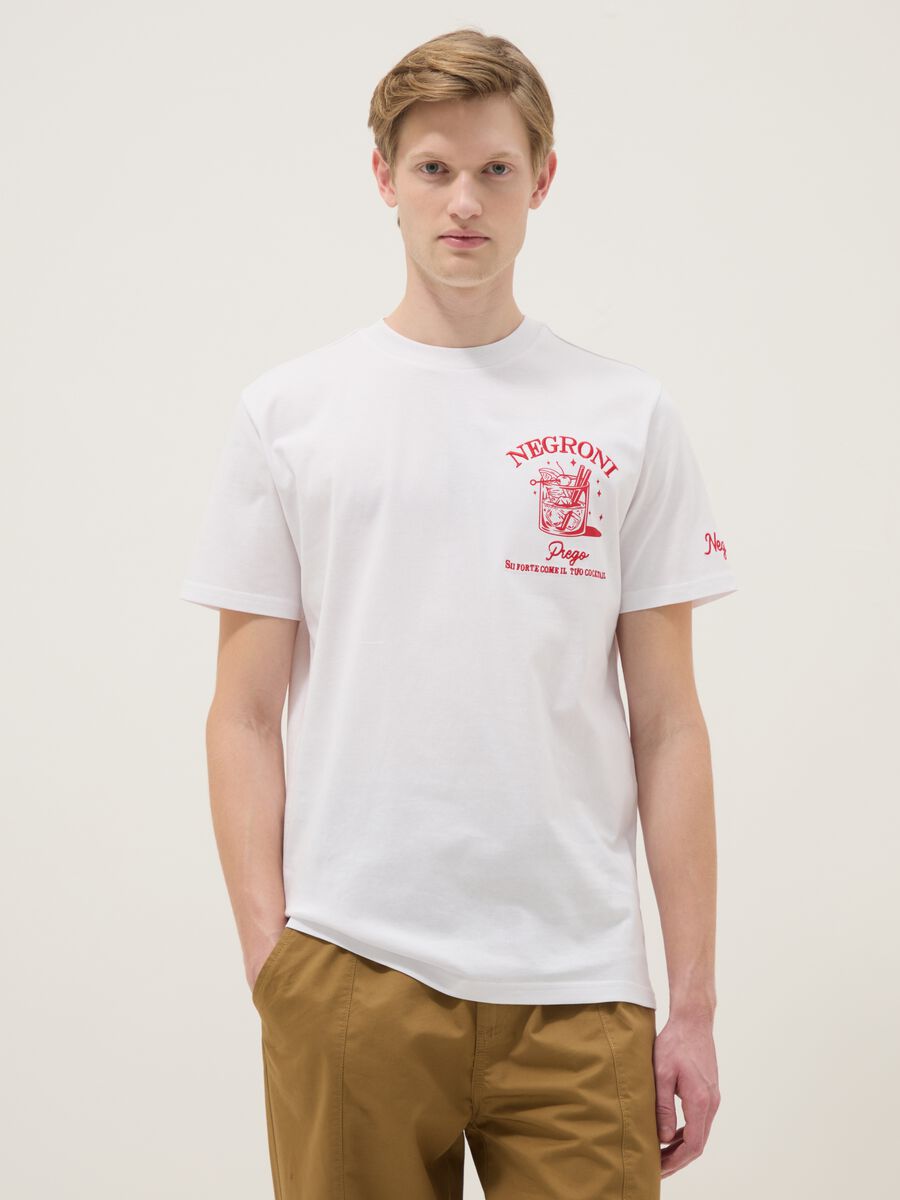 White pure cotton regular fit T-shirt with Negroni prints_0