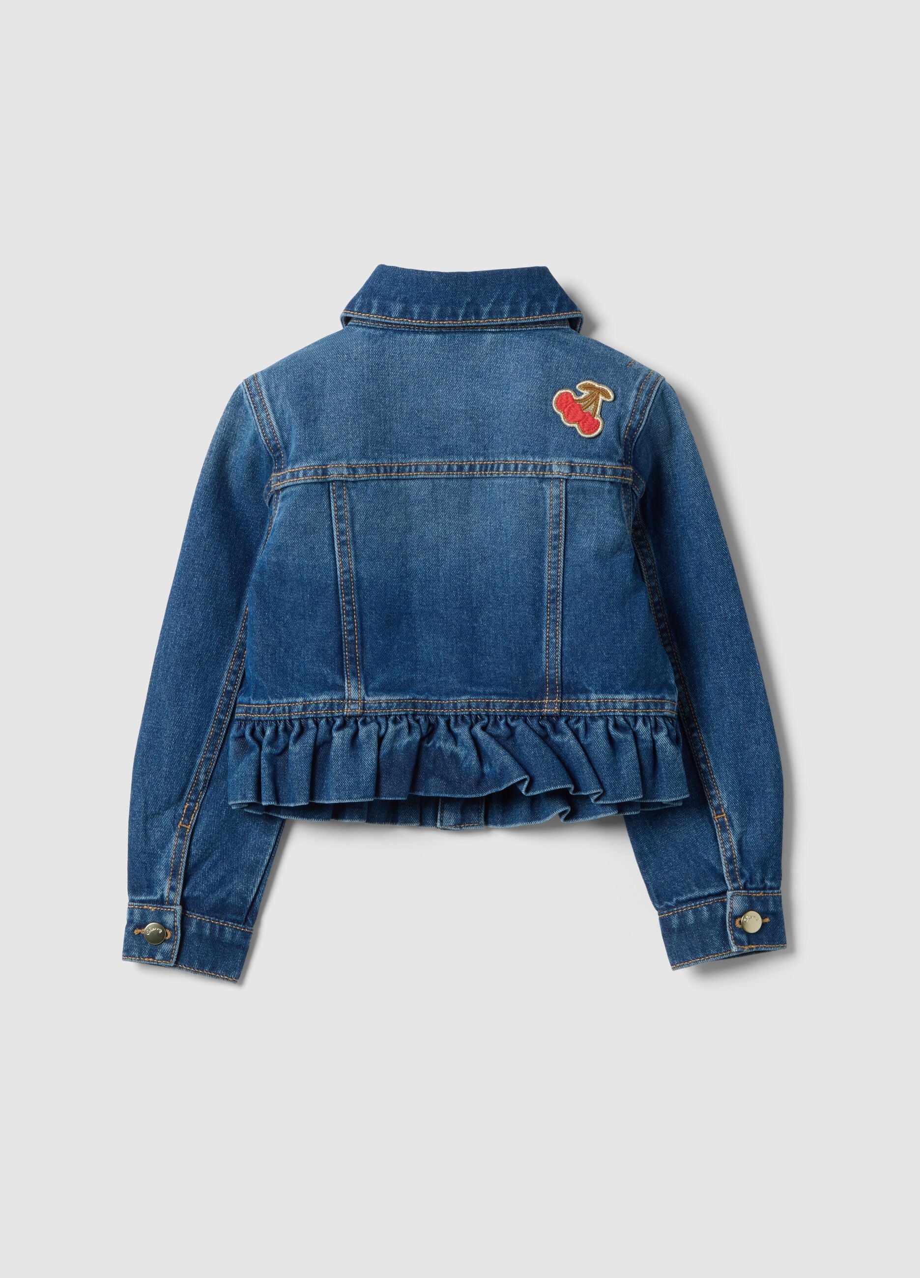 Girl's regular fit blue denim cotton jacket with pockets