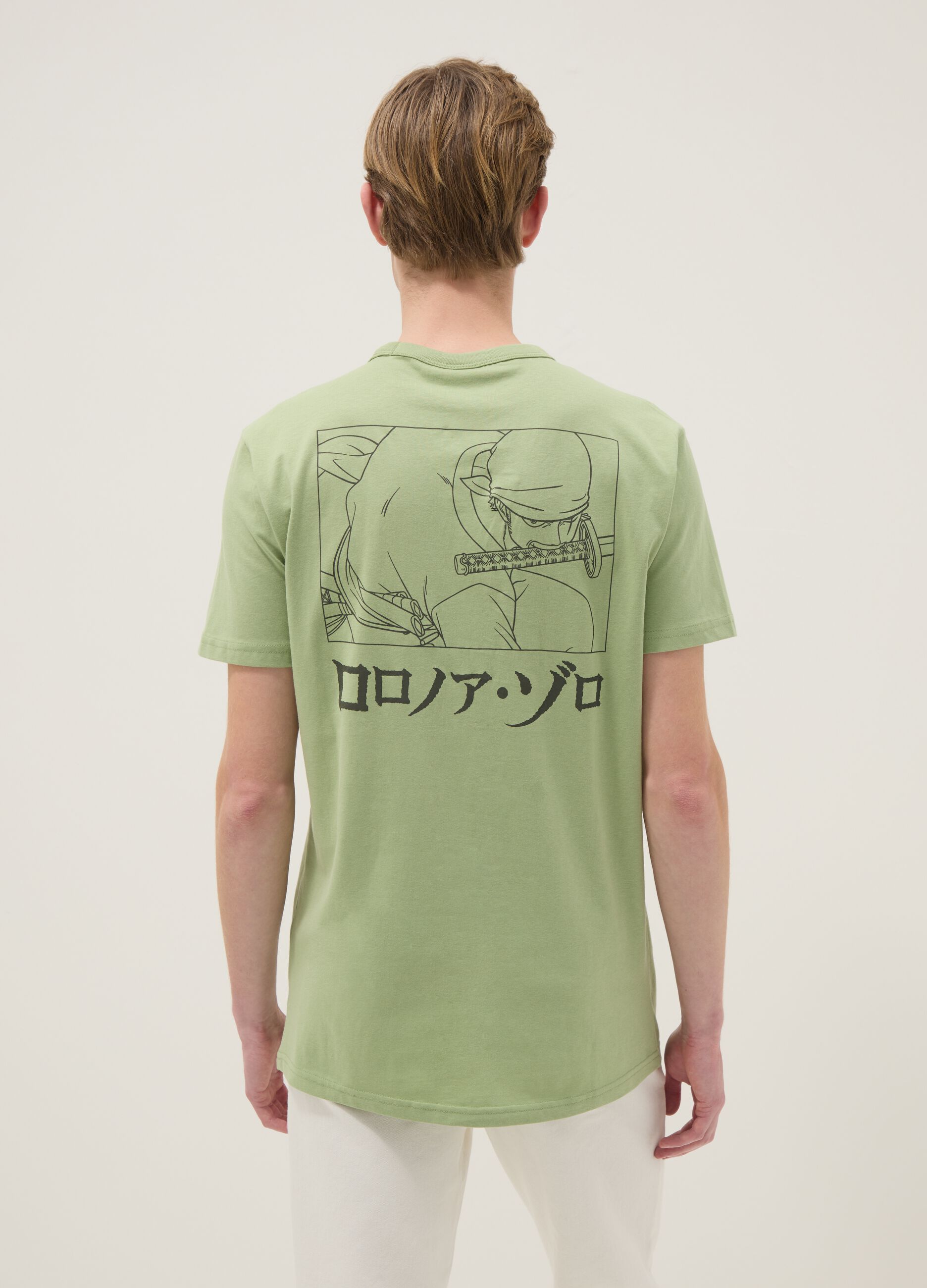 Green pure cotton T-shirt with One Piece print