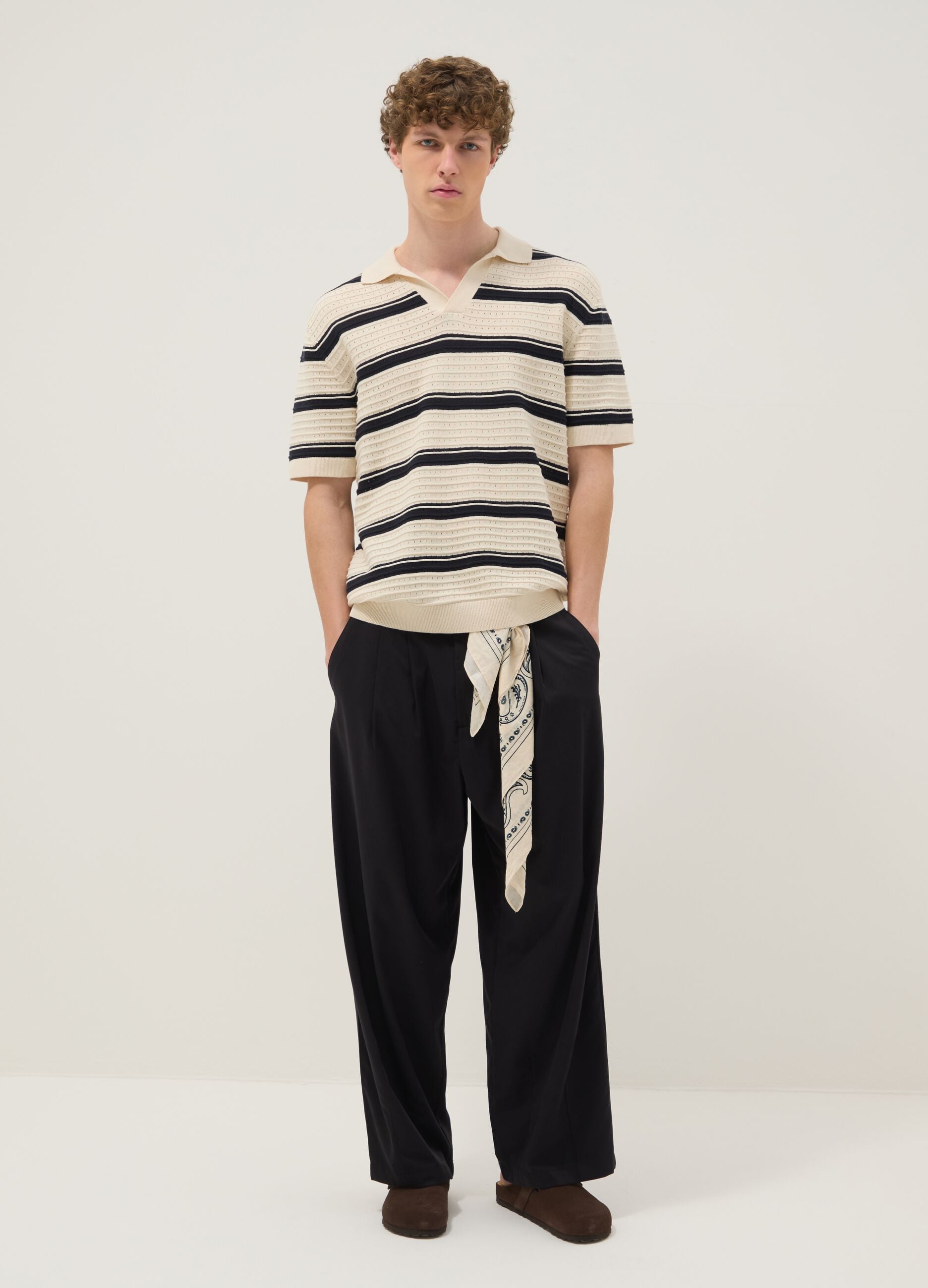 Beige striped pure cotton polo shirt with classic collar, oversized fit