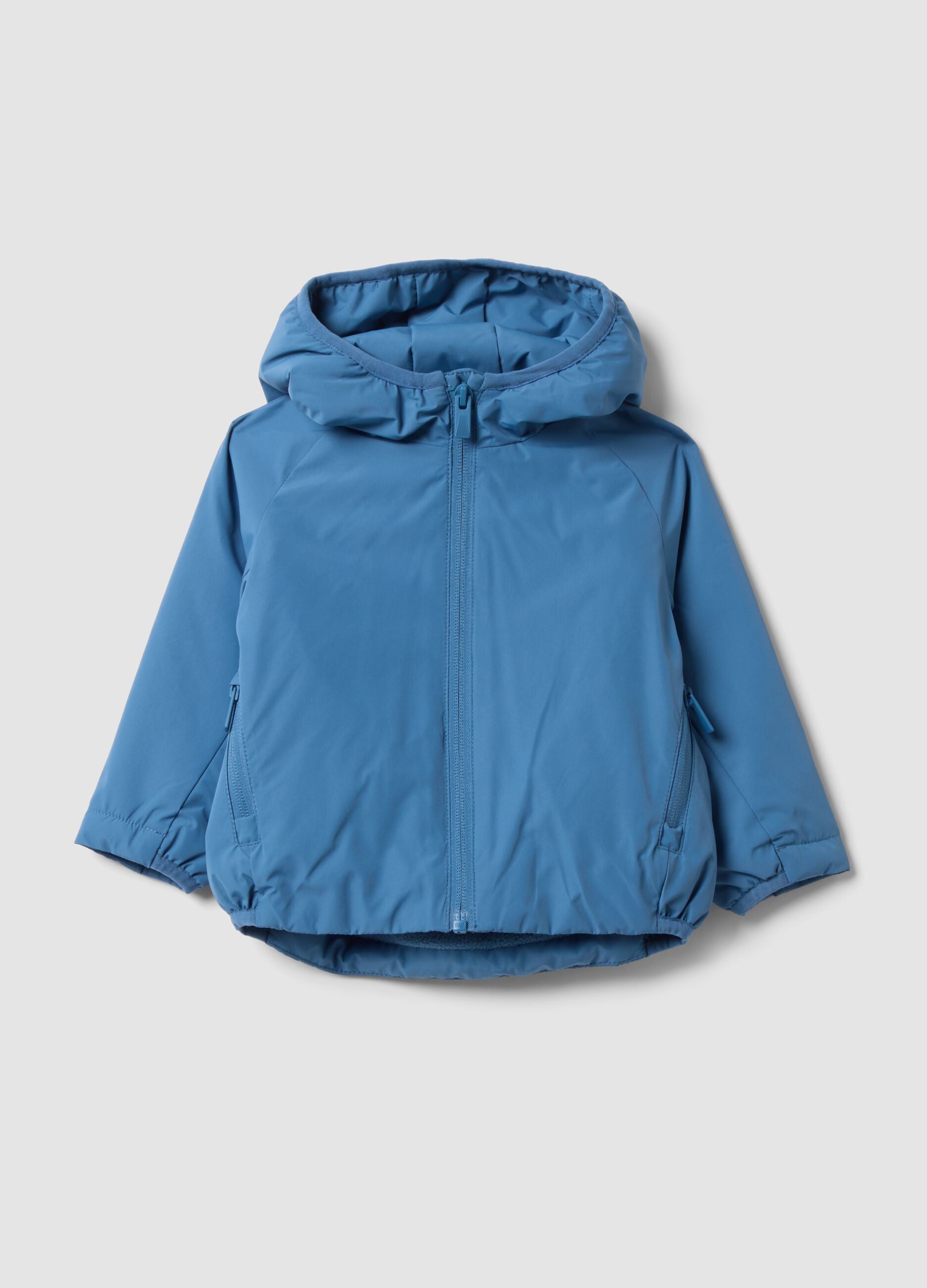 Blue water-repellent hooded jacket with zip, regular fit for boys