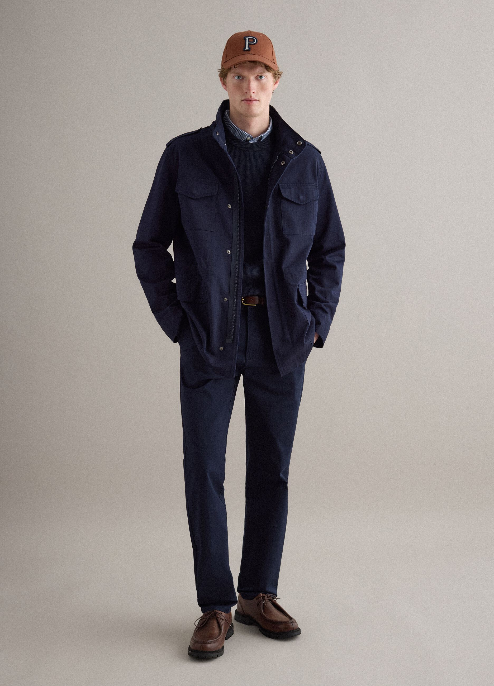 Blue cotton parka jacket regular fit with pockets and zip